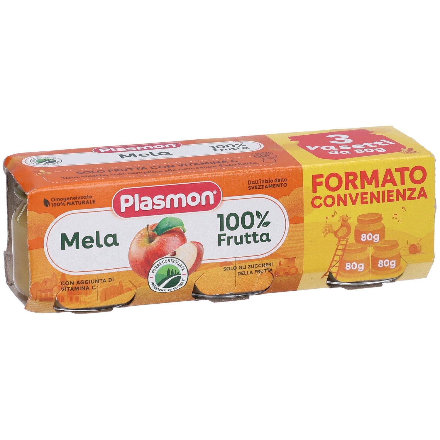Confezione di tre vasetti Plasmon Mela, 100% frutta. Confezione arancione con nome prodotto e immagine mela.