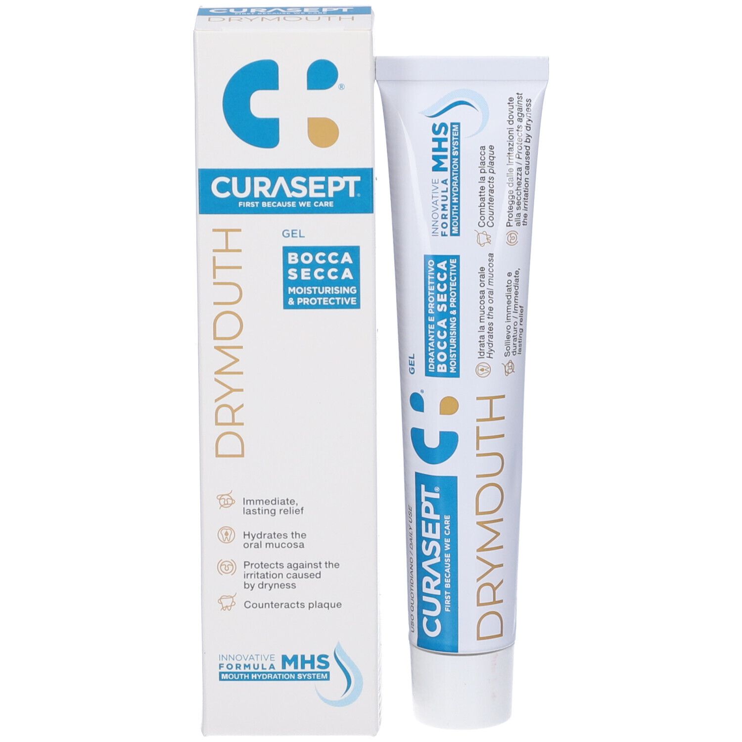 Confezione e tubo. Confezione bianca con testo blu. Tubo bianco con testo blu. Nome del prodotto: Drymouth Gel.