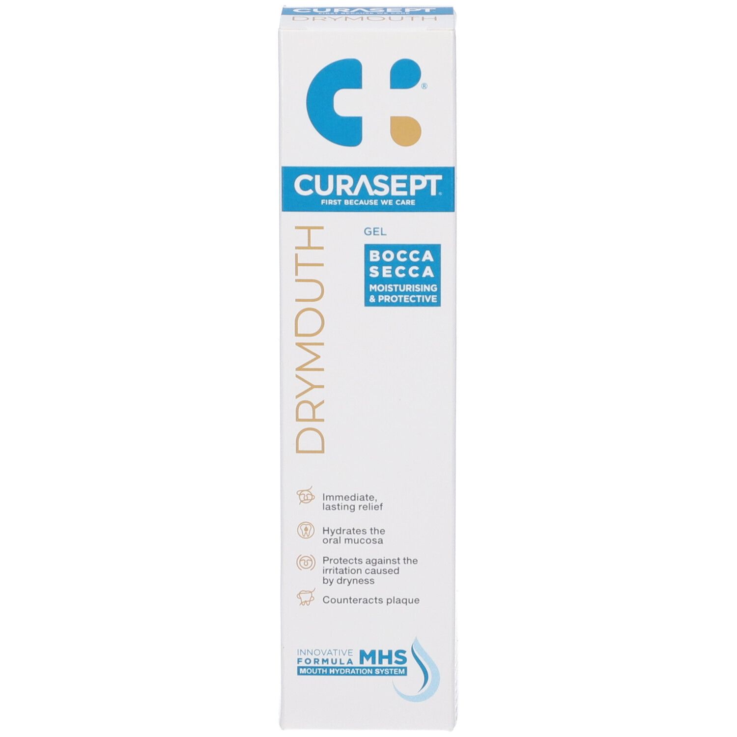 Confezione bianca. Testo blu e bianco. Nome del prodotto: Drymouth Gel. Contiene informazioni sul prodotto.