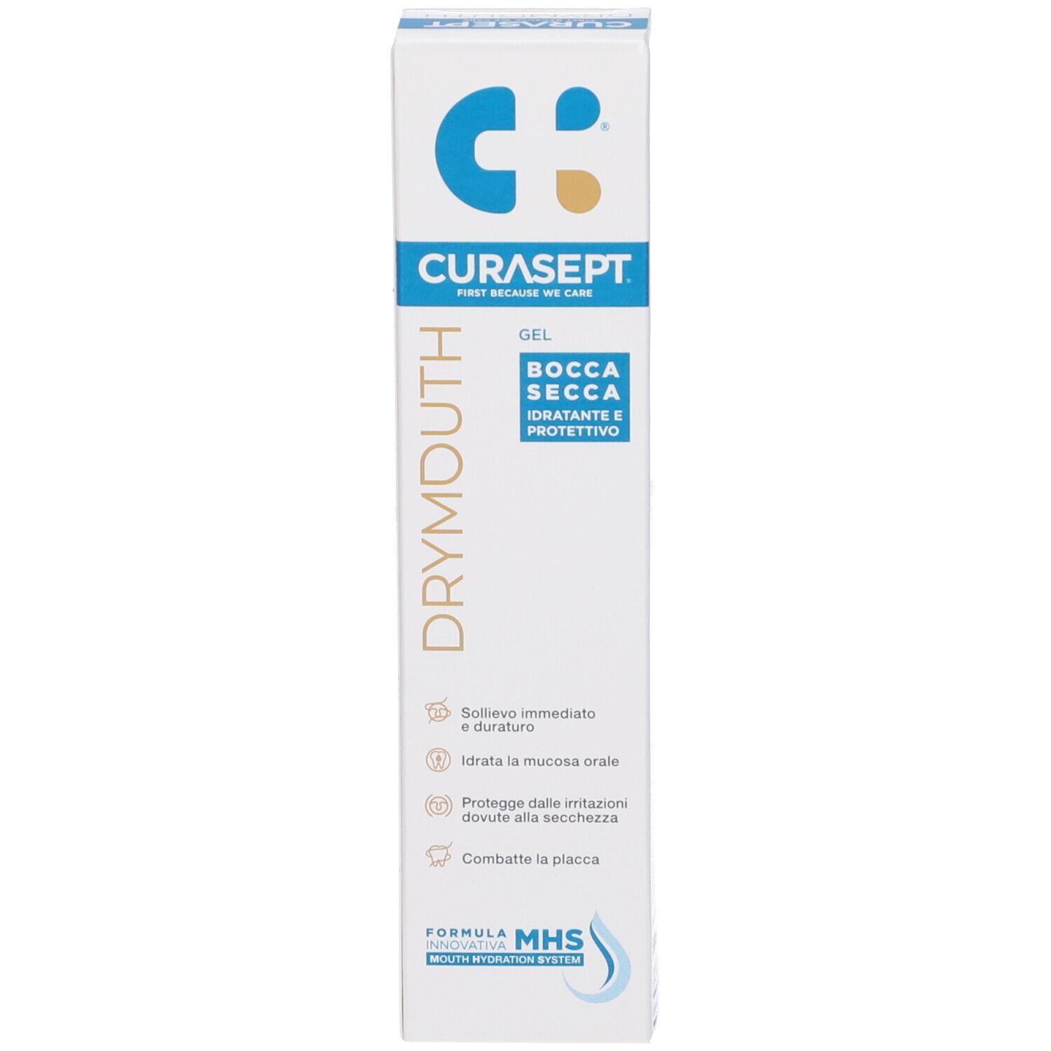 Confezione del prodotto. Confezione bianca con testo blu. Nome del prodotto: Drymouth Gel. Contiene informazioni.