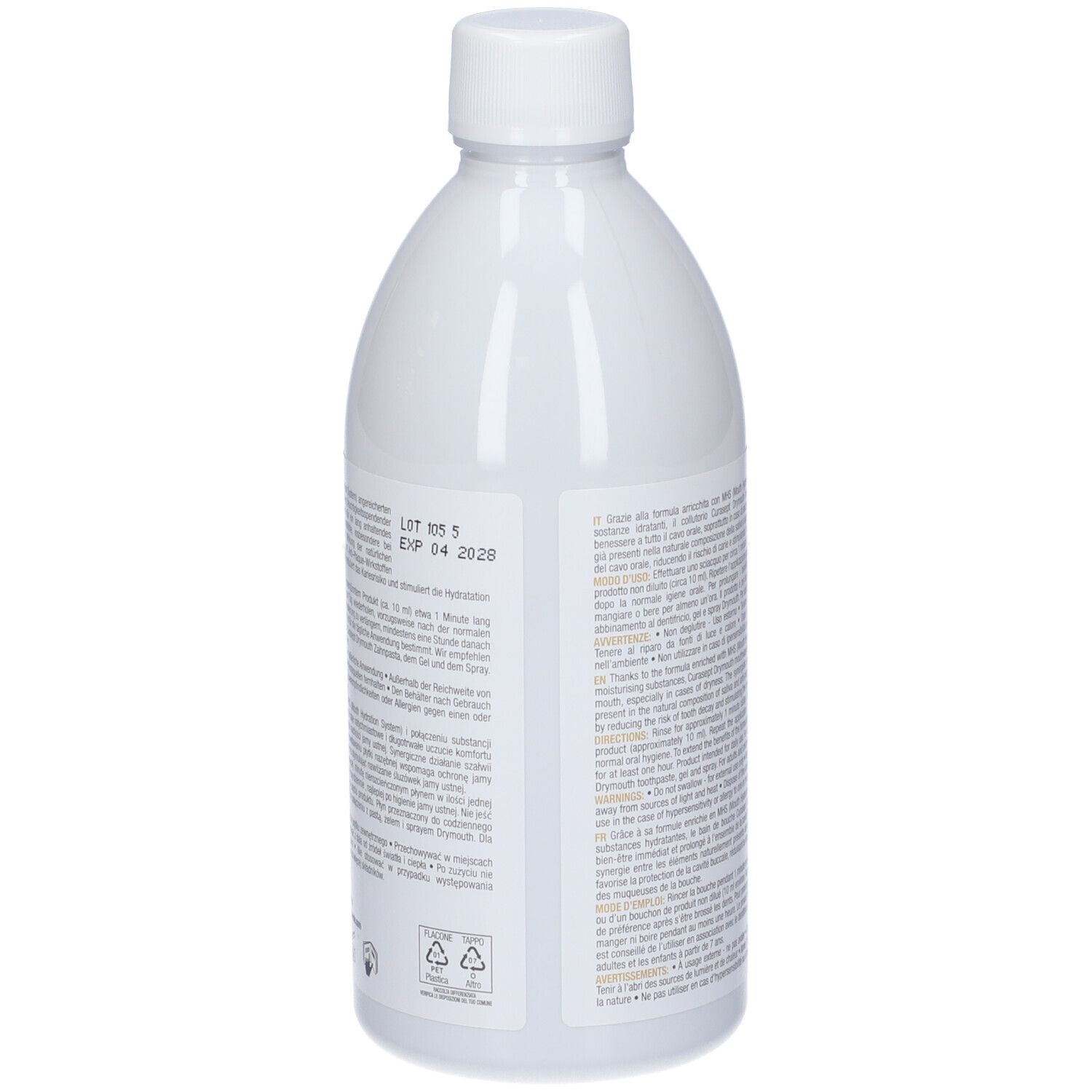 Flacone bianco con tappo bianco. Retro con testo in italiano. Numero di lotto e data di scadenza.
