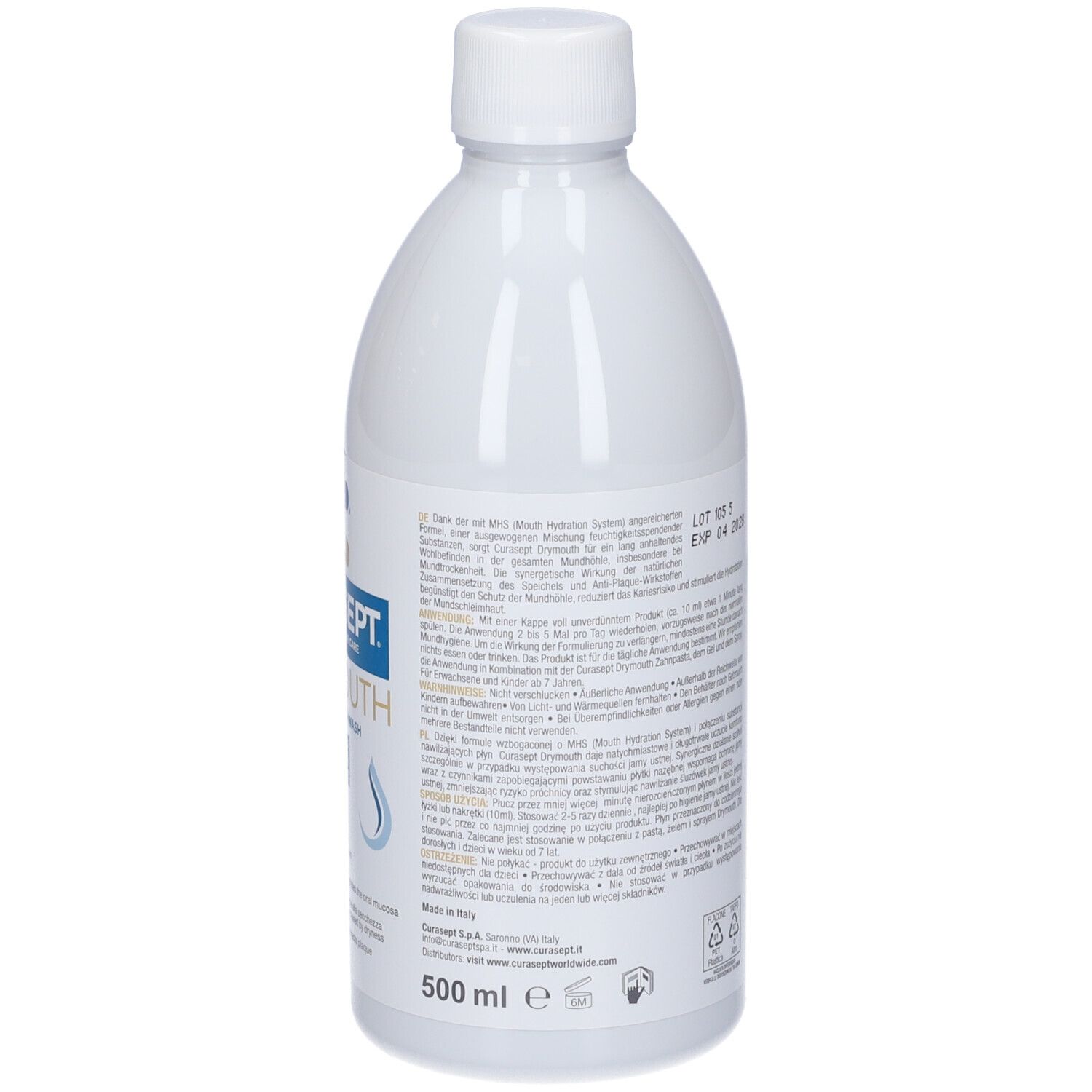 Flacone bianco con tappo bianco. Retro con testo in italiano. Indicazione del volume: 500 ml.