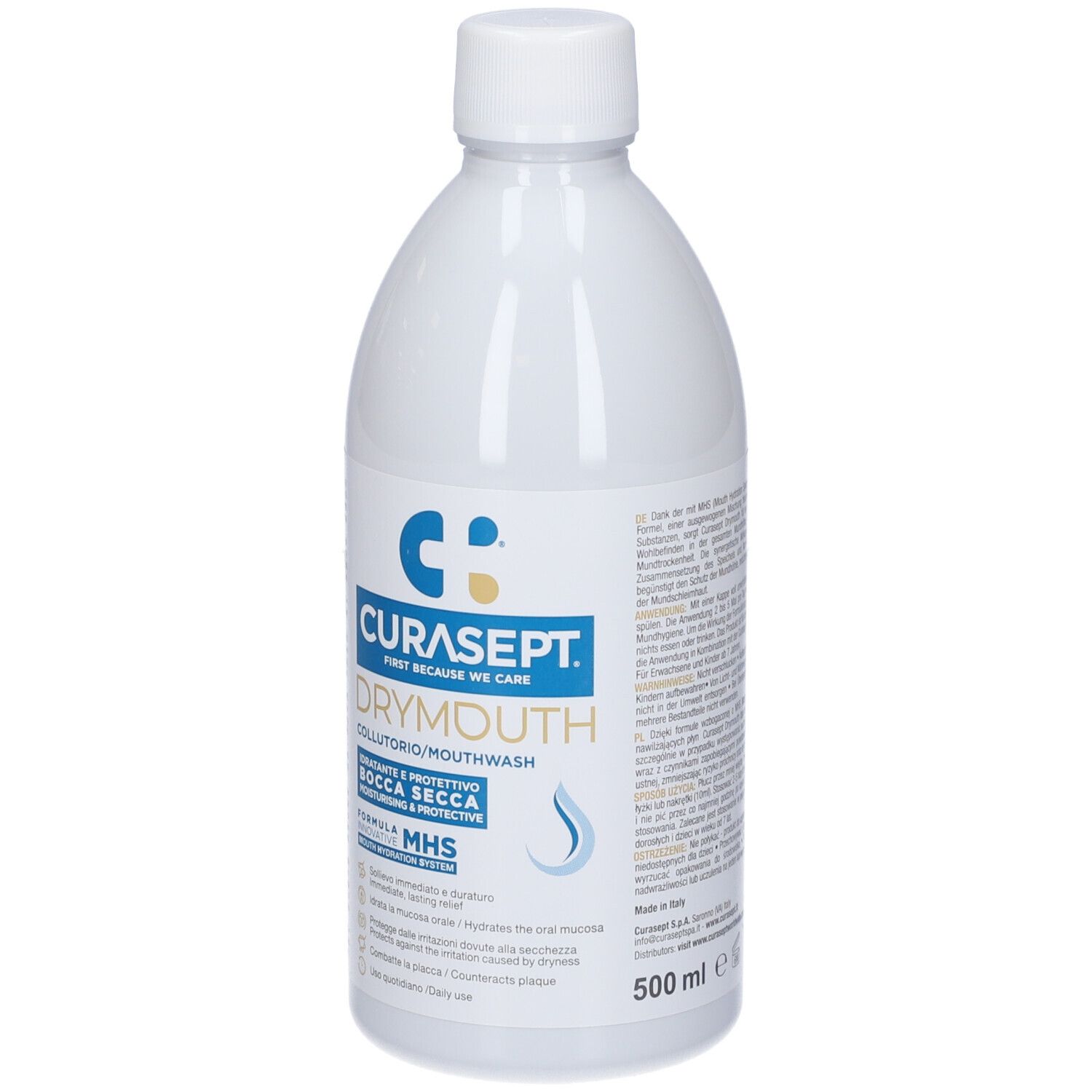 Flacone bianco con tappo bianco. Scritta: CURASEPT DRYMOUTH, collutorio. Grafica onda blu. Testo in italiano.