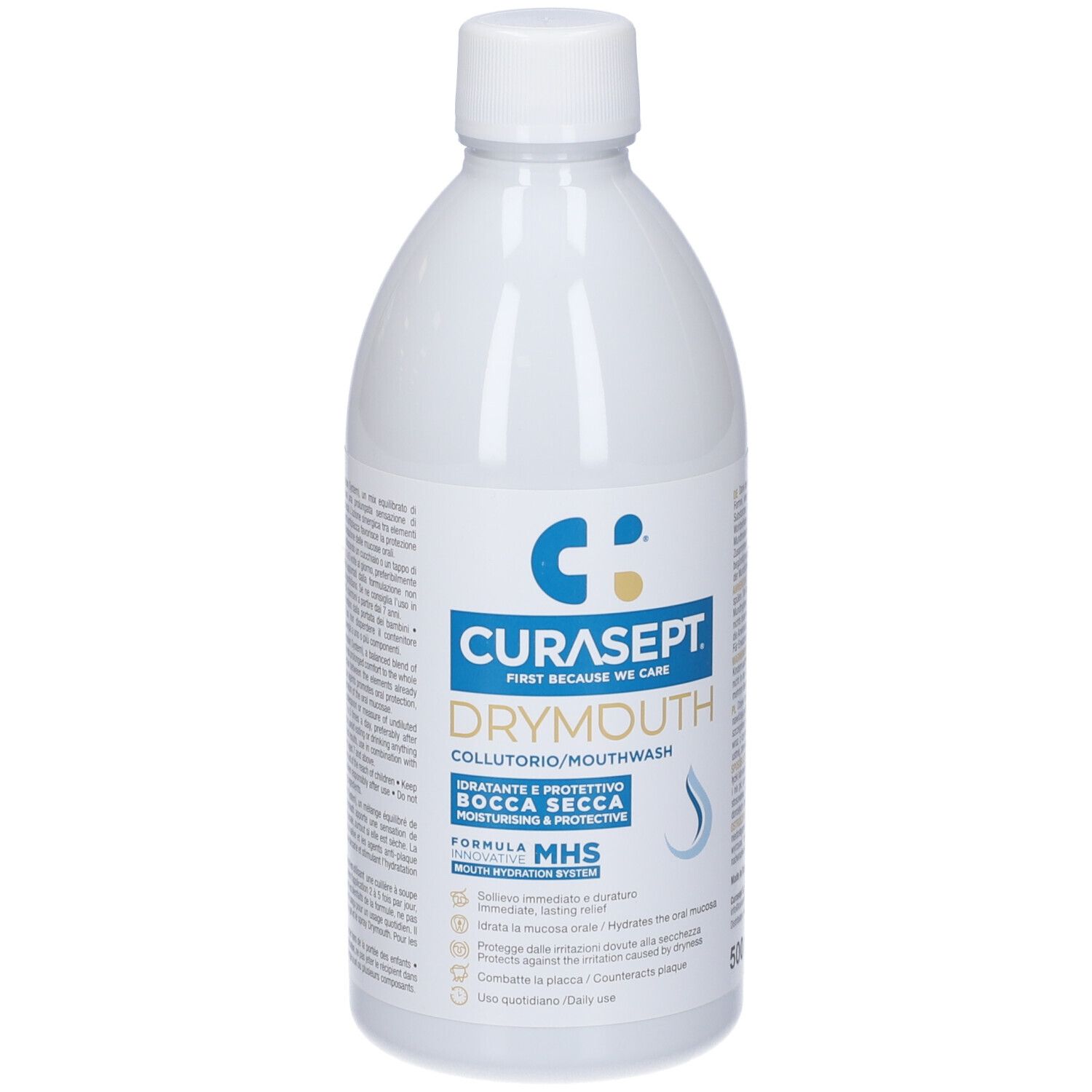 Flacone bianco con tappo bianco. Scritta: CURASEPT DRYMOUTH, collutorio. Grafica onda blu. Testo in italiano.