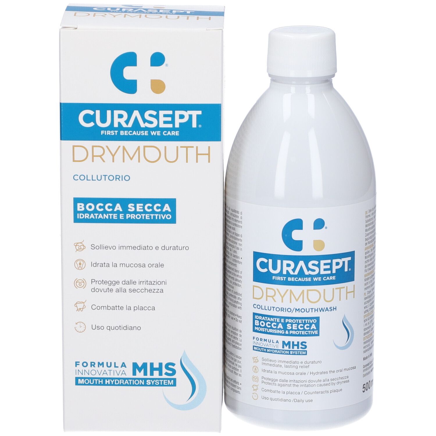 Flacone bianco e scatola. Scritta: CURASEPT DRYMOUTH, collutorio. Grafica onda blu. Testo in italiano.
