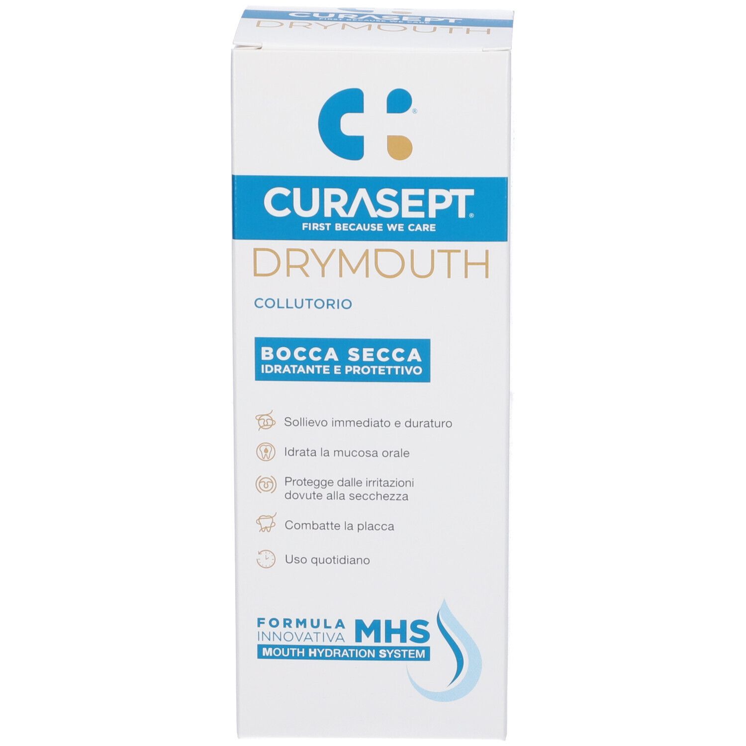 Scatola con scritta: CURASEPT DRYMOUTH, collutorio. Grafica onda blu. Testo in italiano.