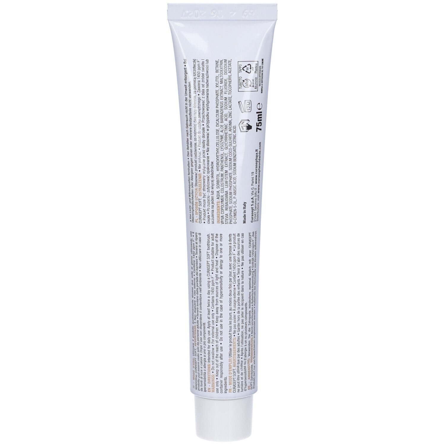 Retro di un tubetto di dentifricio bianco. Testo multilingue. 75ml. Simboli di riciclaggio.