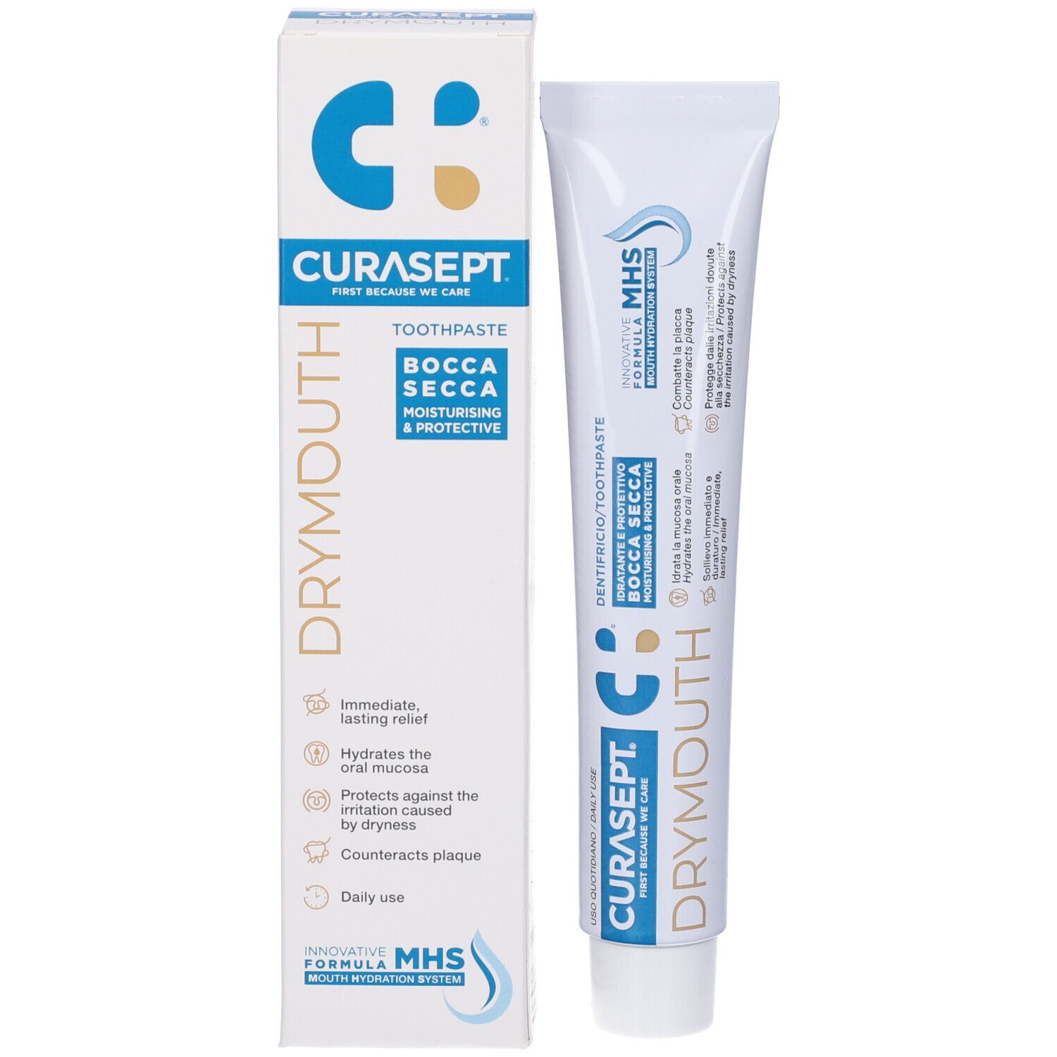 Tubo e scatola di dentifricio. Marchio: Curasept Drymouth. Testo: Bocca Secca, Idratante & Protettivo. Bianco e blu.