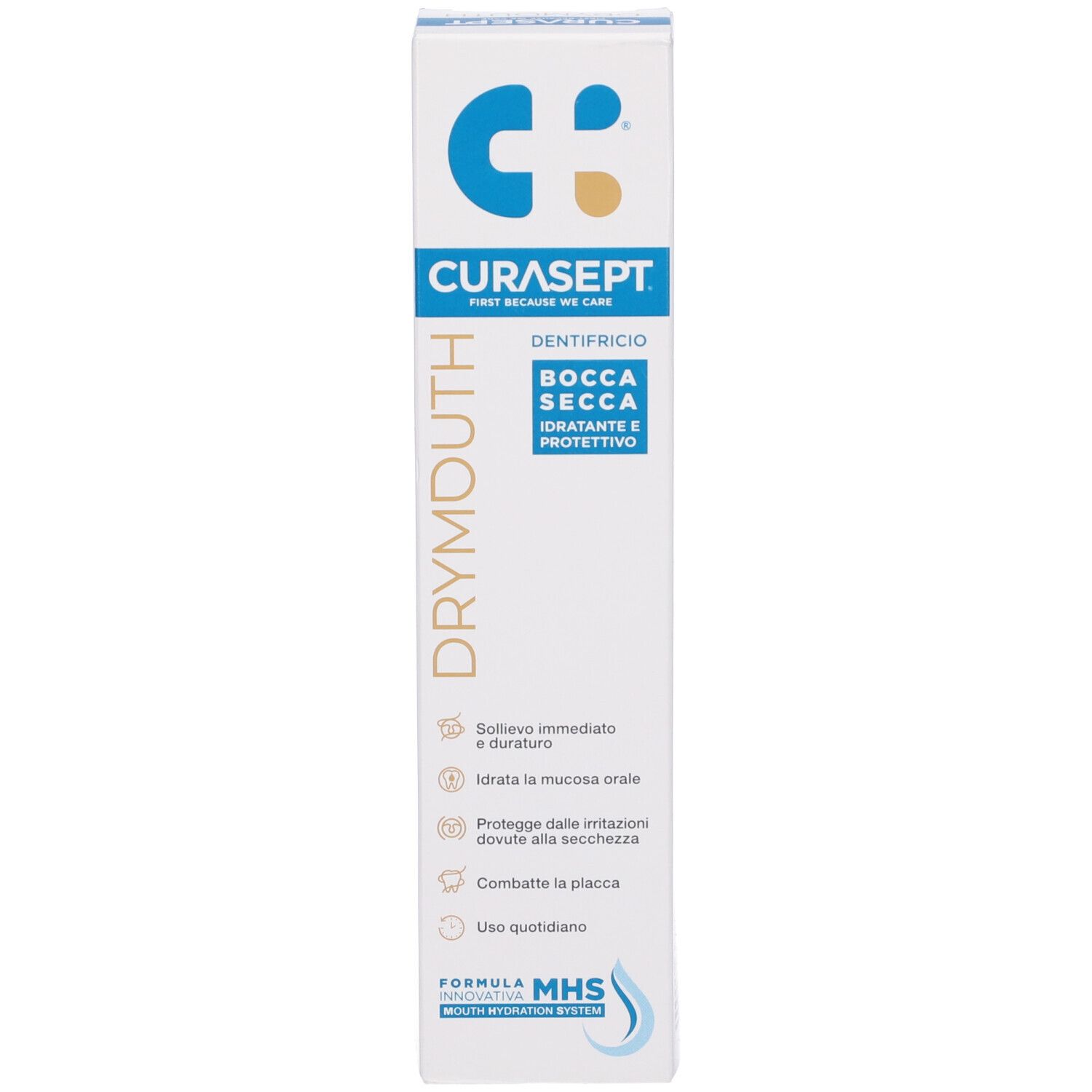 Scatola bianca. Marchio: Curasept Drymouth. Testo: Bocca Secca, Idratante & Protettivo. Caratteristiche del prodotto.