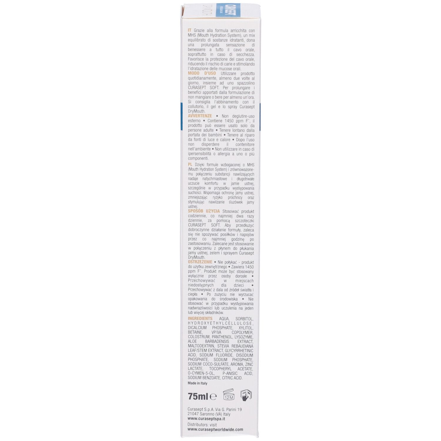 Retro di una scatola bianca. Testo multilingue. 75ml. Ingredienti e informazioni di contatto.