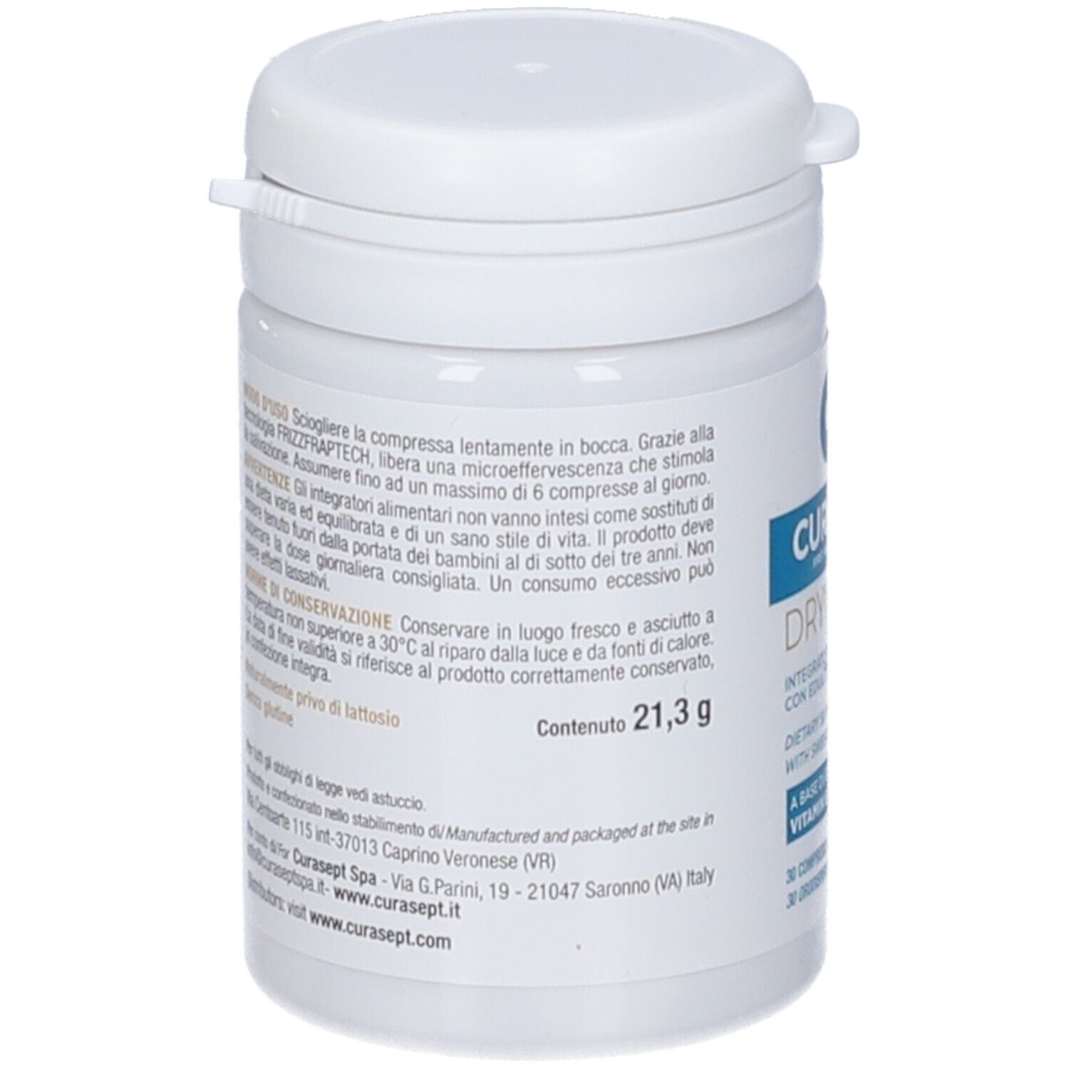 Retro flacone CURASEPT DRYMOUTH. Contenuto 21,3 g. Senza glutine. Scadenza 08/27. Informazioni e avvertenze.