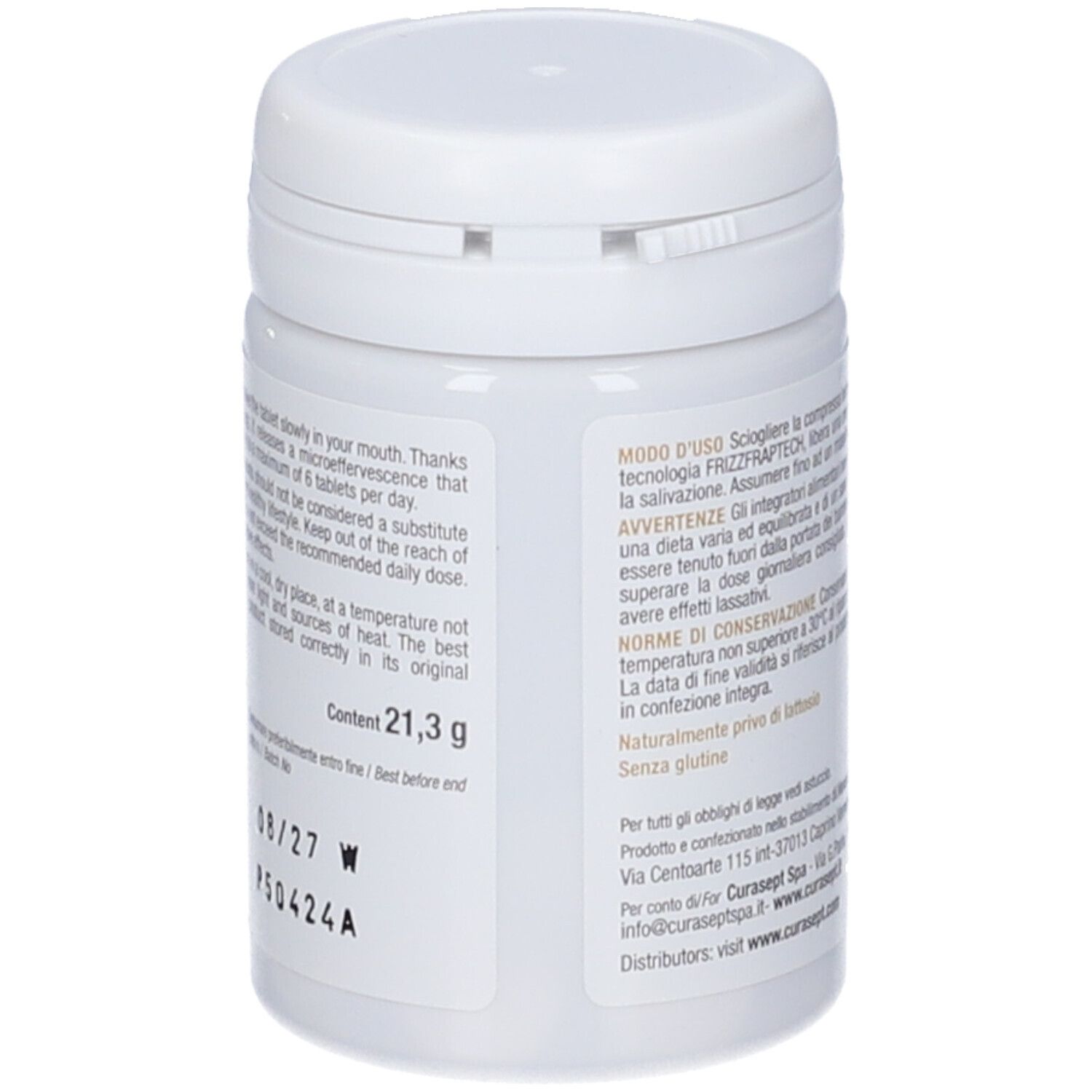 Retro flacone CURASEPT DRYMOUTH. Contenuto 21,3 g. Scadenza 08/27. Informazioni e avvertenze.
