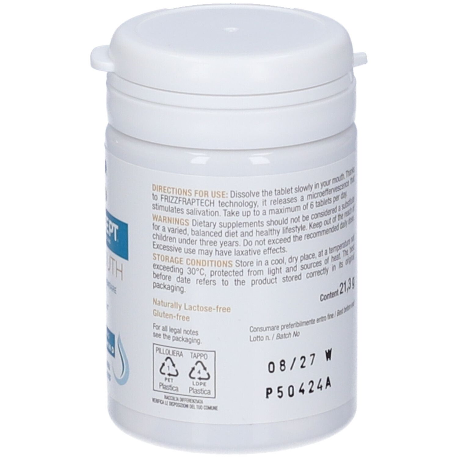Retro flacone CURASEPT DRYMOUTH. Contenuto 21,3 g. Scadenza 08/27. Informazioni e avvertenze.