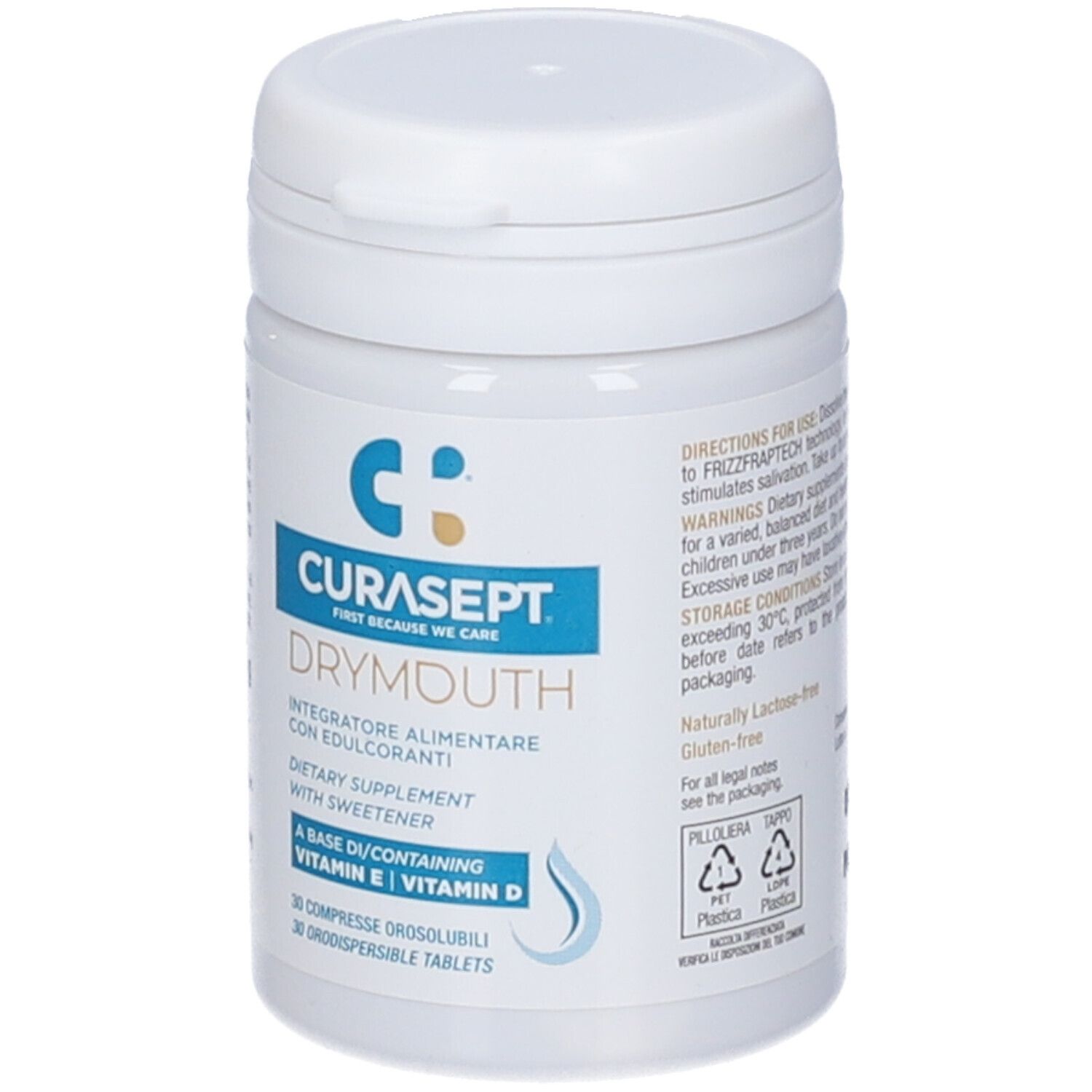 Flacone bianco CURASEPT DRYMOUTH. Integratore alimentare con edulcoranti. Contiene vitamina E e D. 30 compresse.