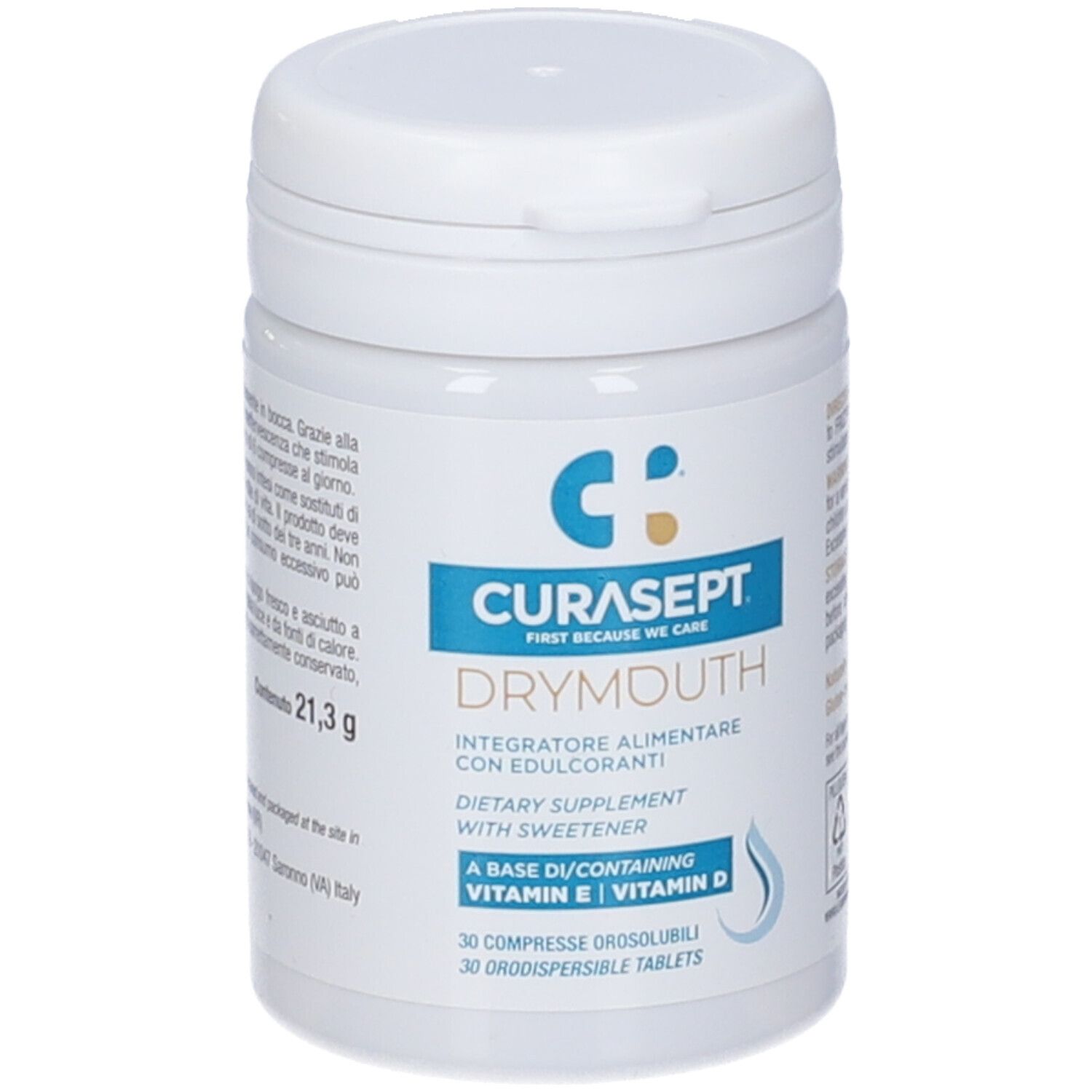 Flacone bianco CURASEPT DRYMOUTH. Integratore alimentare con edulcoranti. Contiene vitamina E e D. 30 compresse.