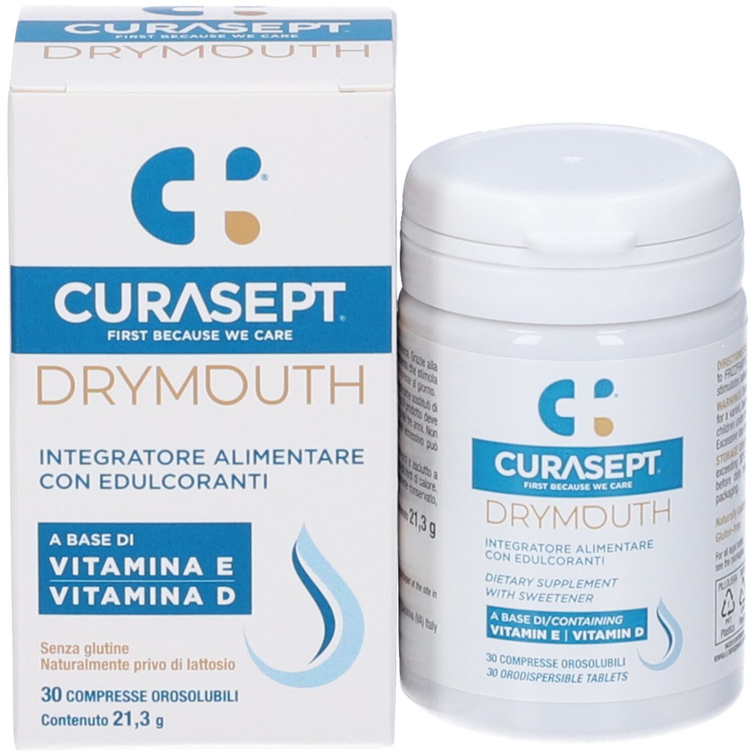 Scatola e flacone CURASEPT DRYMOUTH. Integratore alimentare con edulcoranti. Contiene vitamina E e D. 30 compresse.