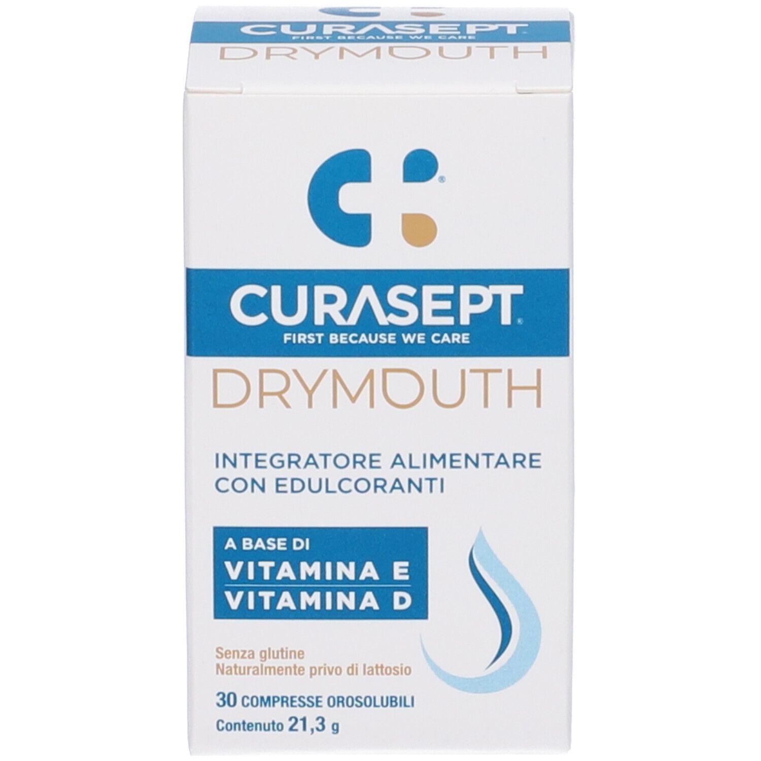 Scatola CURASEPT DRYMOUTH. Integratore alimentare con edulcoranti. Contiene vitamina E e D. 30 compresse.
