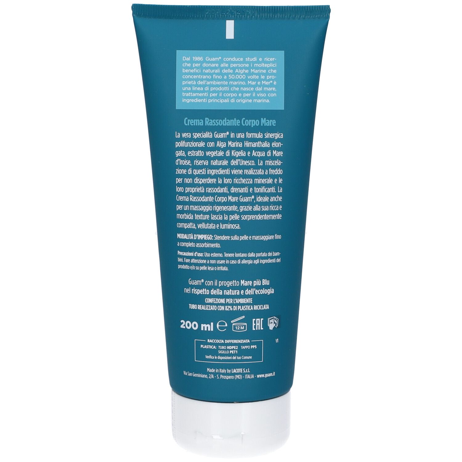 Retro del tubo. Testo in italiano. Informazioni sugli ingredienti e sul produttore.