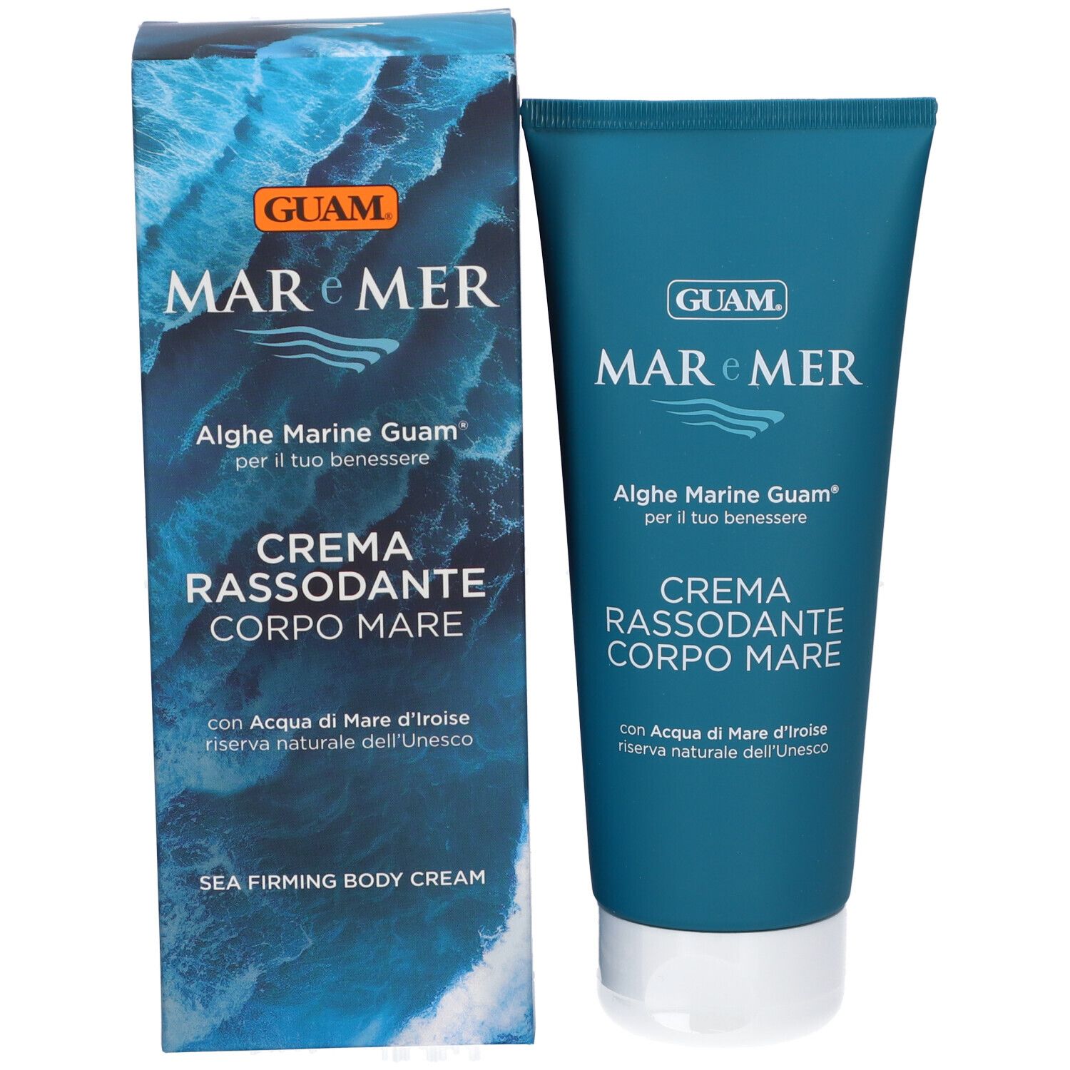 Confezione e tubo del prodotto. Confezione con motivo a onde e nome del prodotto. Tubo con logo e nome del prodotto.