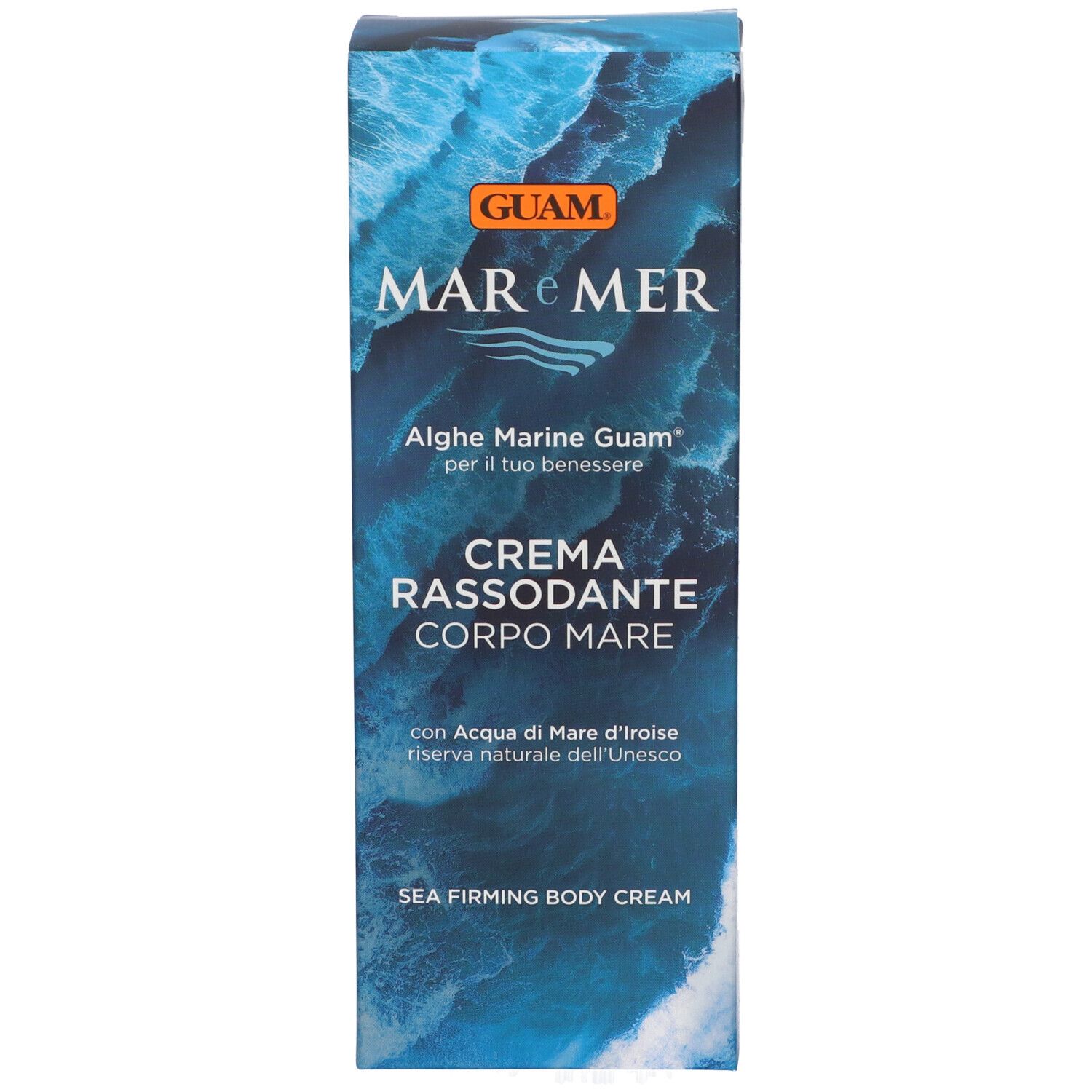 Confezione del prodotto con motivo a onde e nome del prodotto. Logo e nome del prodotto sulla confezione.