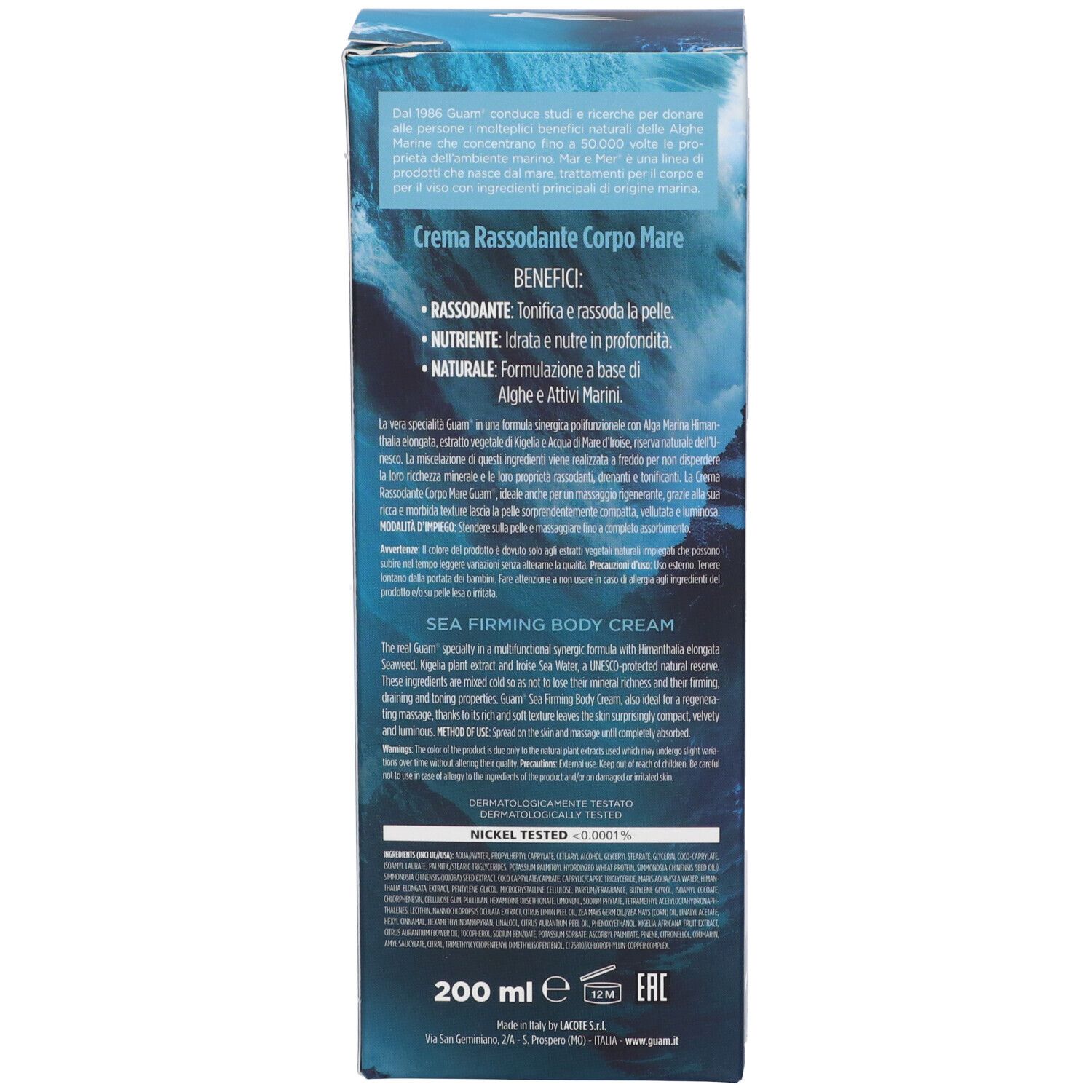 Retro della confezione del prodotto. Testo in italiano. Descrizione del prodotto e ingredienti.