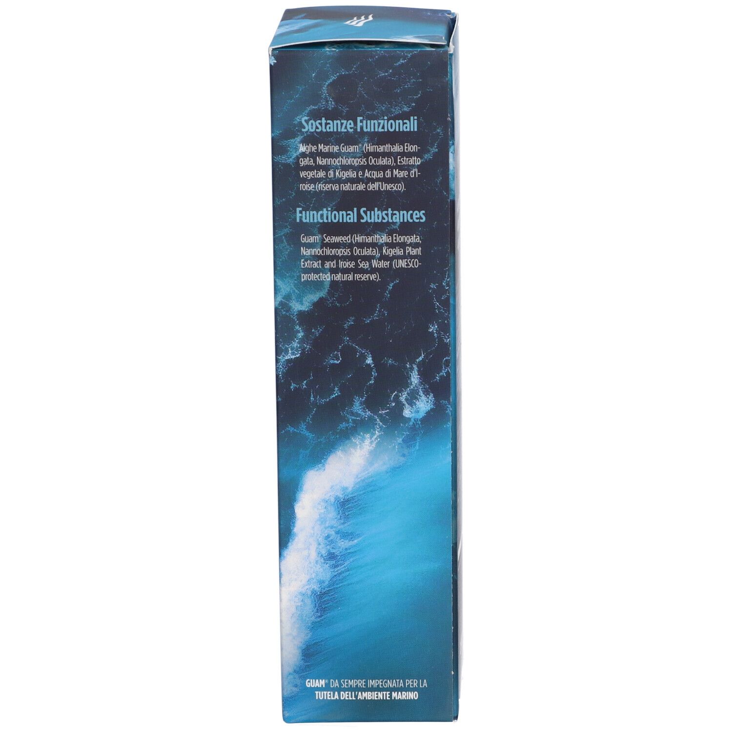 Vista laterale della confezione del prodotto. Testo in italiano. Elenco degli ingredienti.