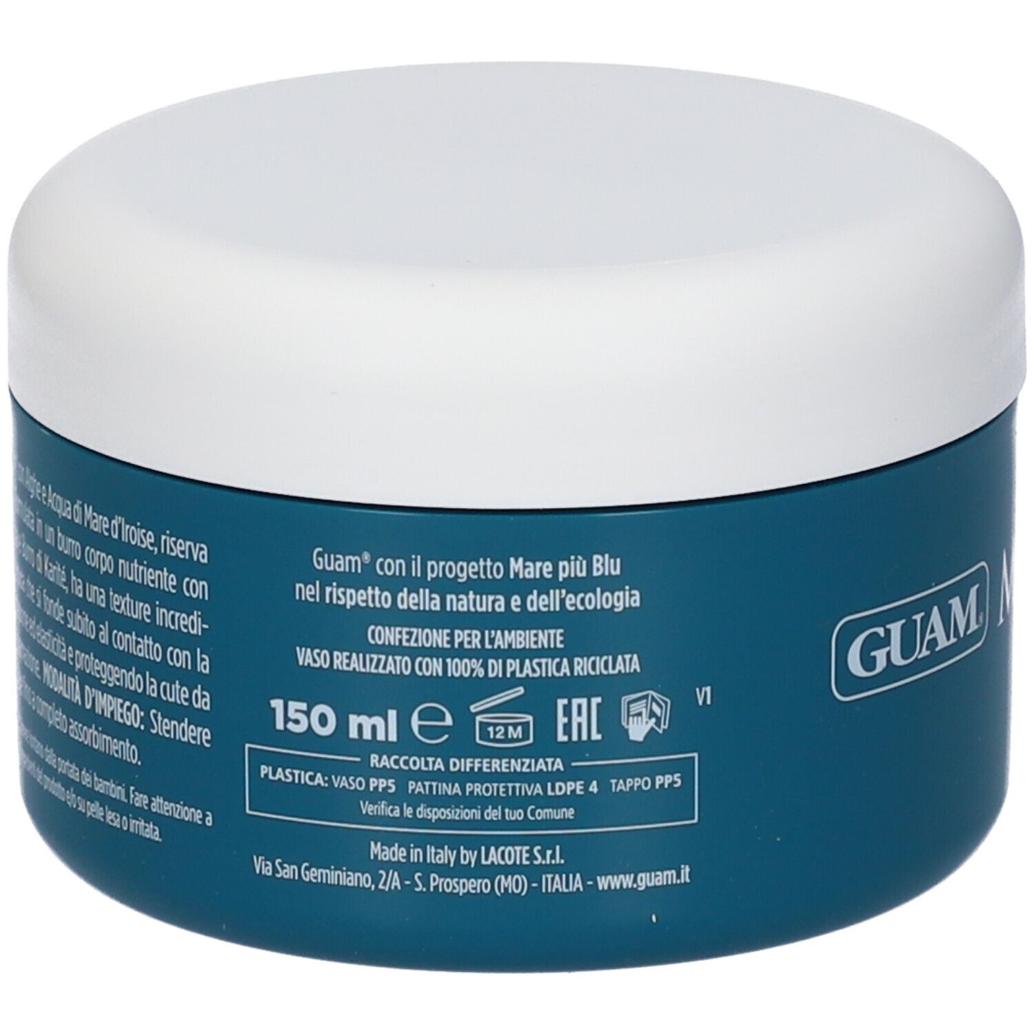 Barattolo rotondo con etichetta blu e coperchio bianco. Testo sull'etichetta, tra cui "GUAM" e "150 ml".