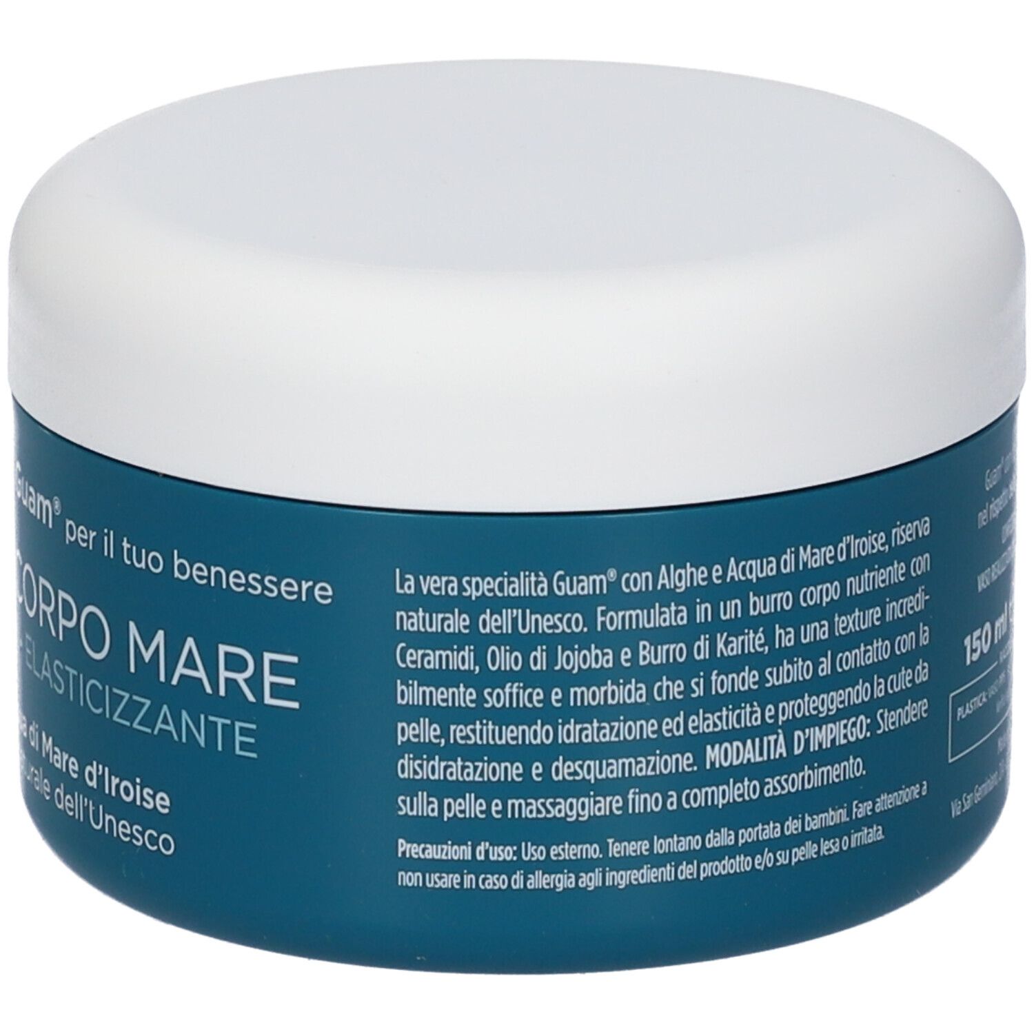 Barattolo rotondo con etichetta blu e coperchio bianco. Testo sull'etichetta, tra cui "CORPO MARE ELASTICIZZANTE".