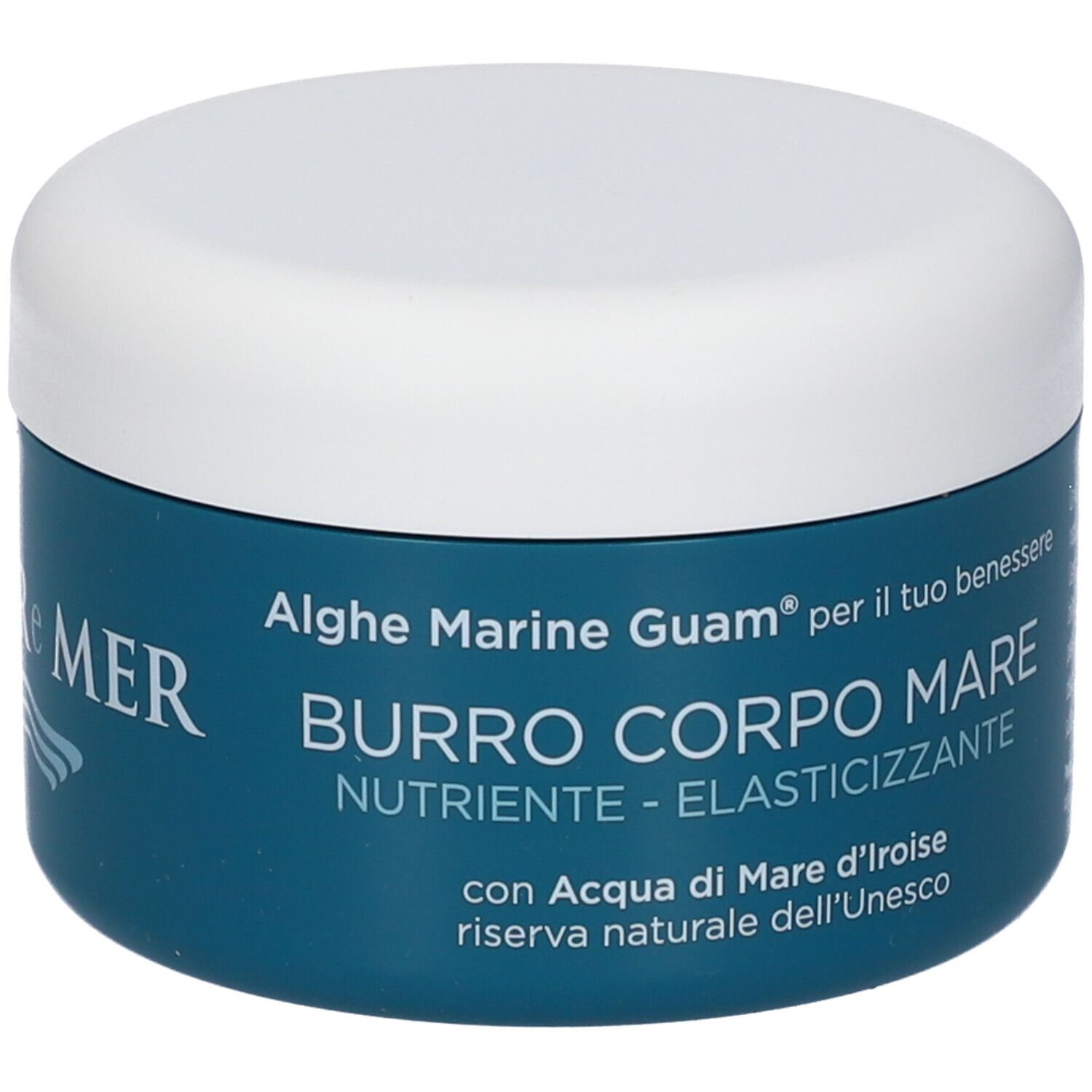 Barattolo rotondo con etichetta blu e coperchio bianco. L'etichetta riporta "BURRO CORPO MARE" e "GUAM".