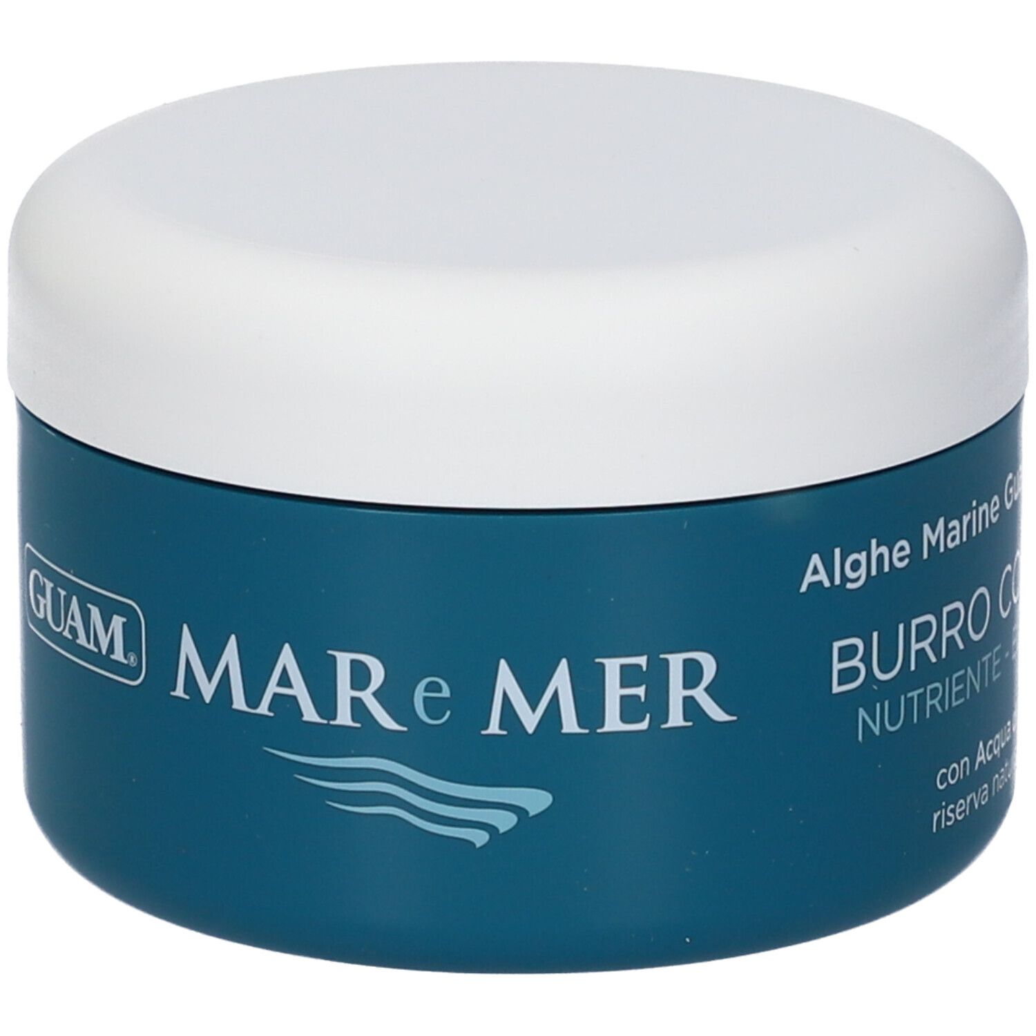 Barattolo rotondo con etichetta blu e coperchio bianco. L'etichetta riporta "GUAM MAR e MER" e "BURRO CORPO".