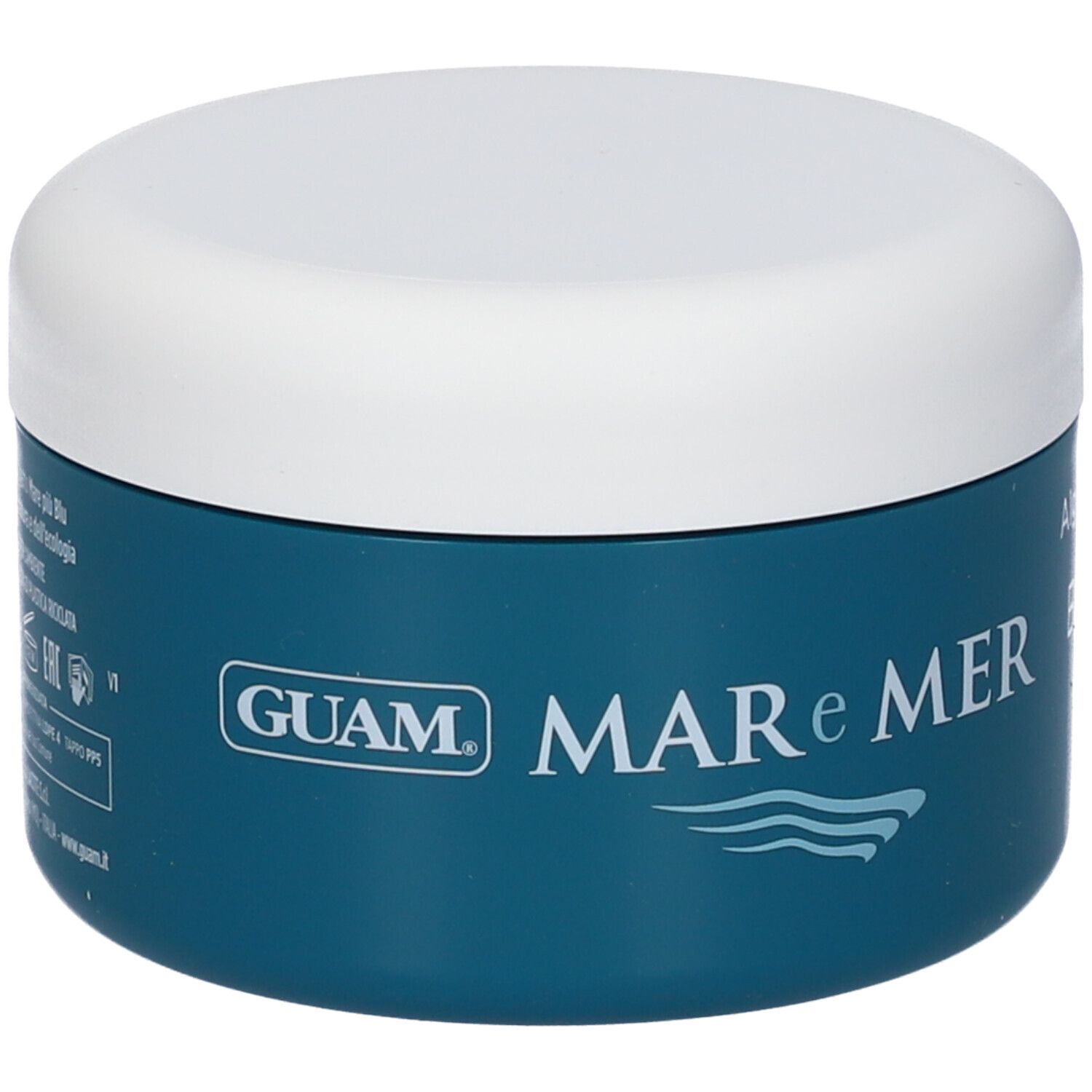 Barattolo rotondo con etichetta blu e coperchio bianco. L'etichetta riporta "GUAM MAR e MER".