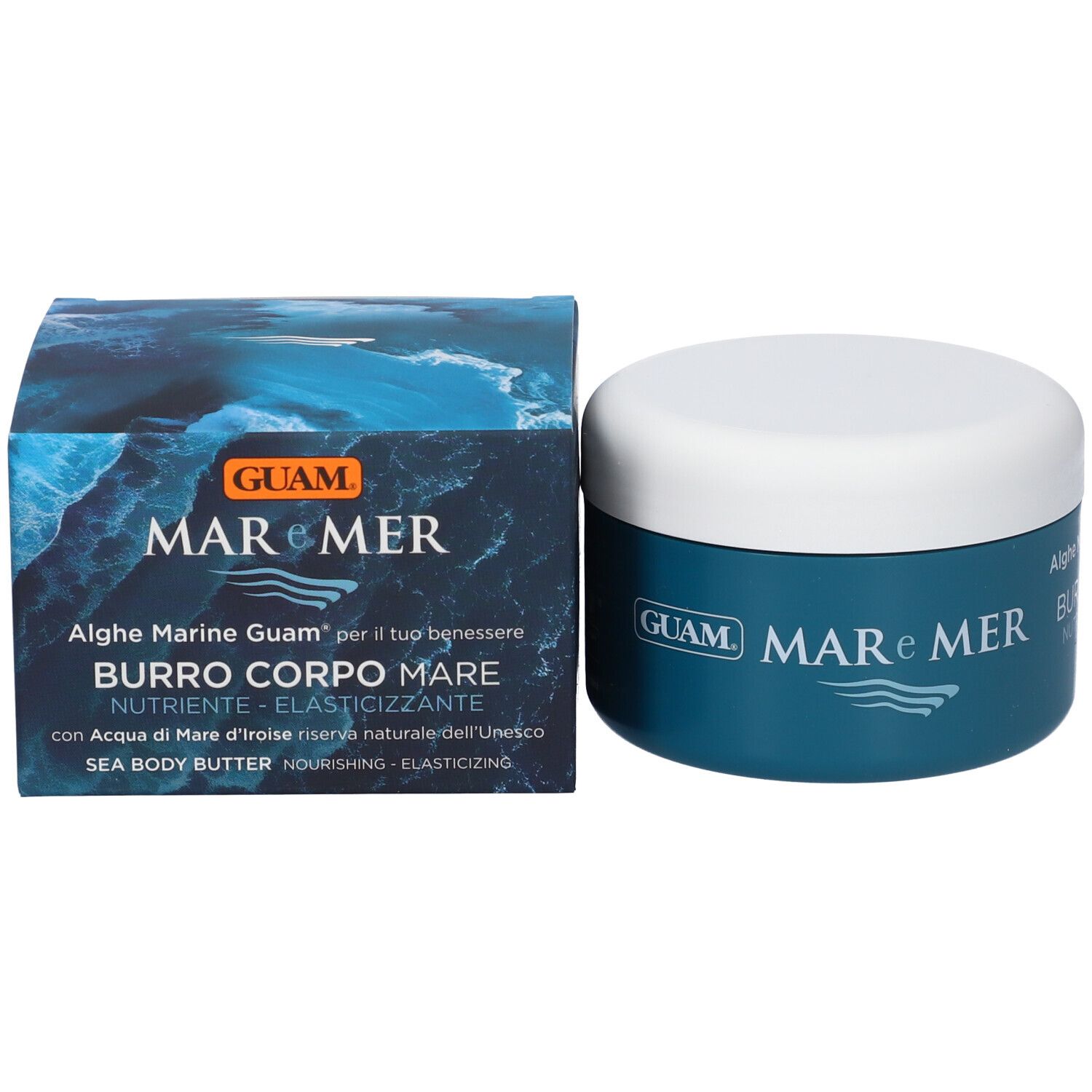 Barattolo con etichetta blu e coperchio bianco accanto a una confezione rettangolare. Entrambi riportano "GUAM MAR e MER".