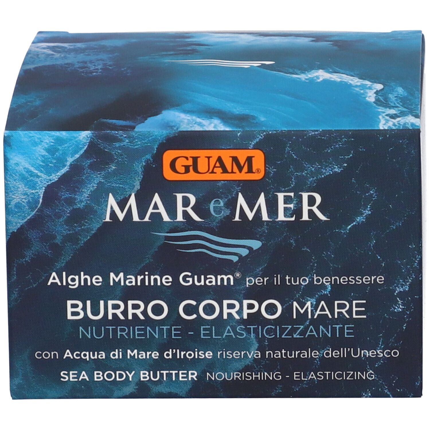 Confezione rettangolare con sfondo blu. La confezione riporta "GUAM MAR e MER" e "BURRO CORPO MARE".