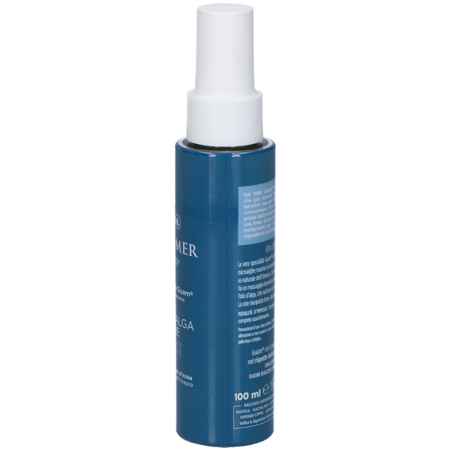 Flacone blu con erogatore bianco. Testo laterale. Nome prodotto e marchio visibili. 100 ml.
