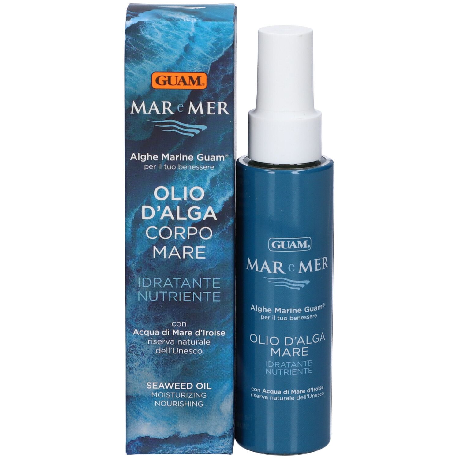 Prodotto con confezione. Flacone blu con erogatore bianco e scatola. Testo: Guam, Mar e Mer, Olio D'Alga Corpo Mare.