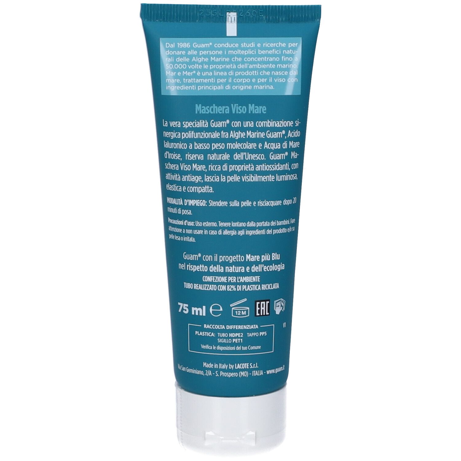 Retro del tubo blu Guam Mar e Mer. Testo: Maschera Viso Mare, 75 ml, 12M, plastica riciclata.