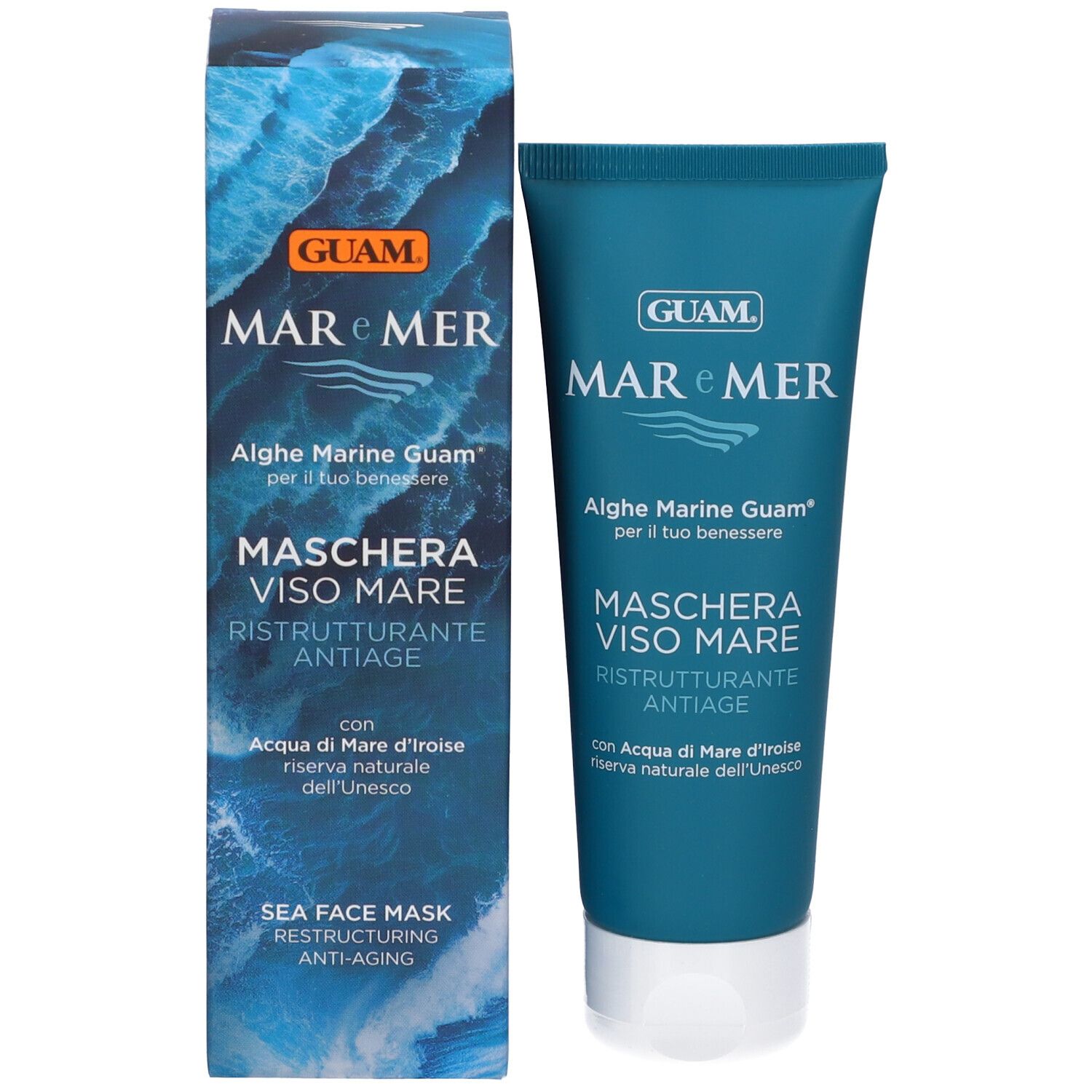 Guam Mar e Mer Maschera Viso Mare e confezione. Testo: Ristrutturante Antiage, Sea Face Mask.