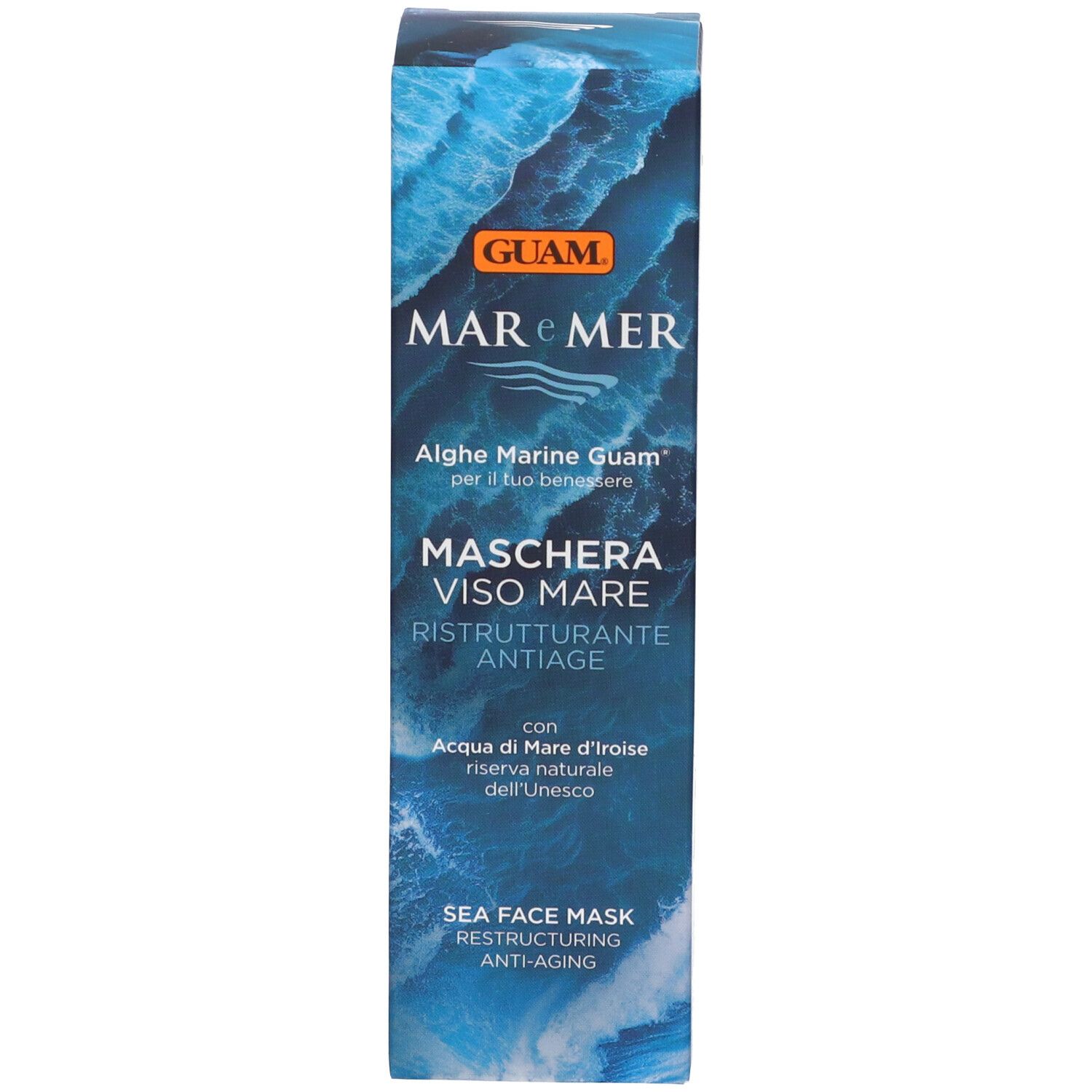Confezione Guam Mar e Mer Maschera Viso Mare. Testo: Ristrutturante Antiage, Sea Face Mask.