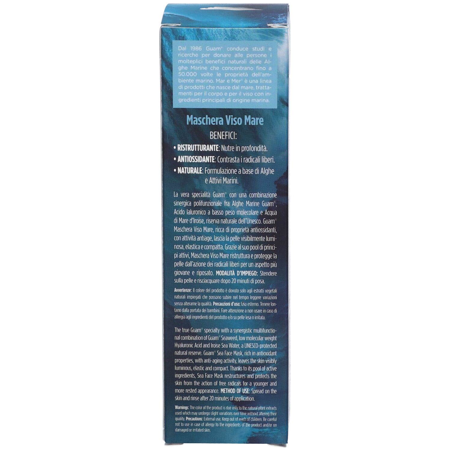 Confezione Guam Mar e Mer. Testo: Maschera Viso Mare, benefici, ingredienti, modalità d'uso.
