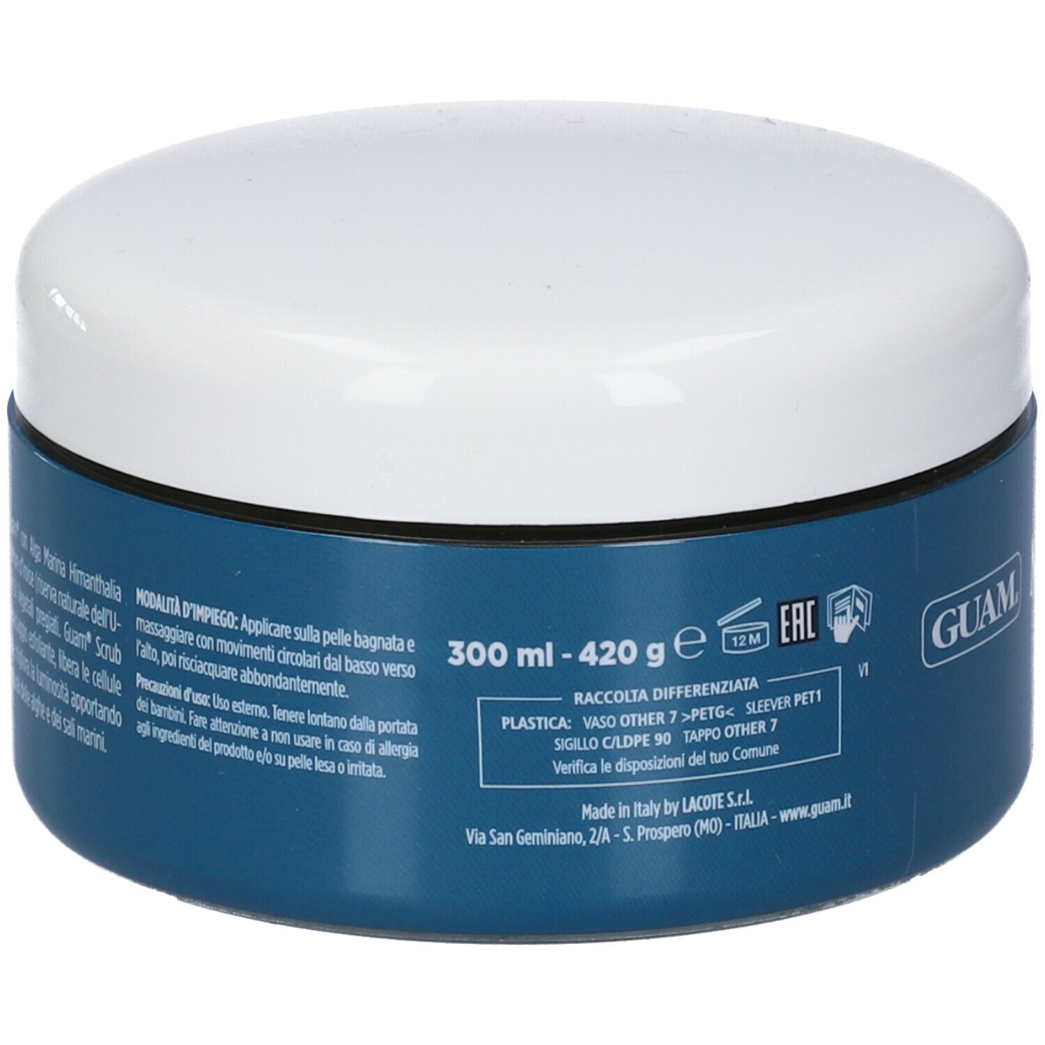 Vasetto blu e bianco con coperchio. Scritta: GUAM. Testo: 300 ml - 420 g. Simboli di riciclaggio.