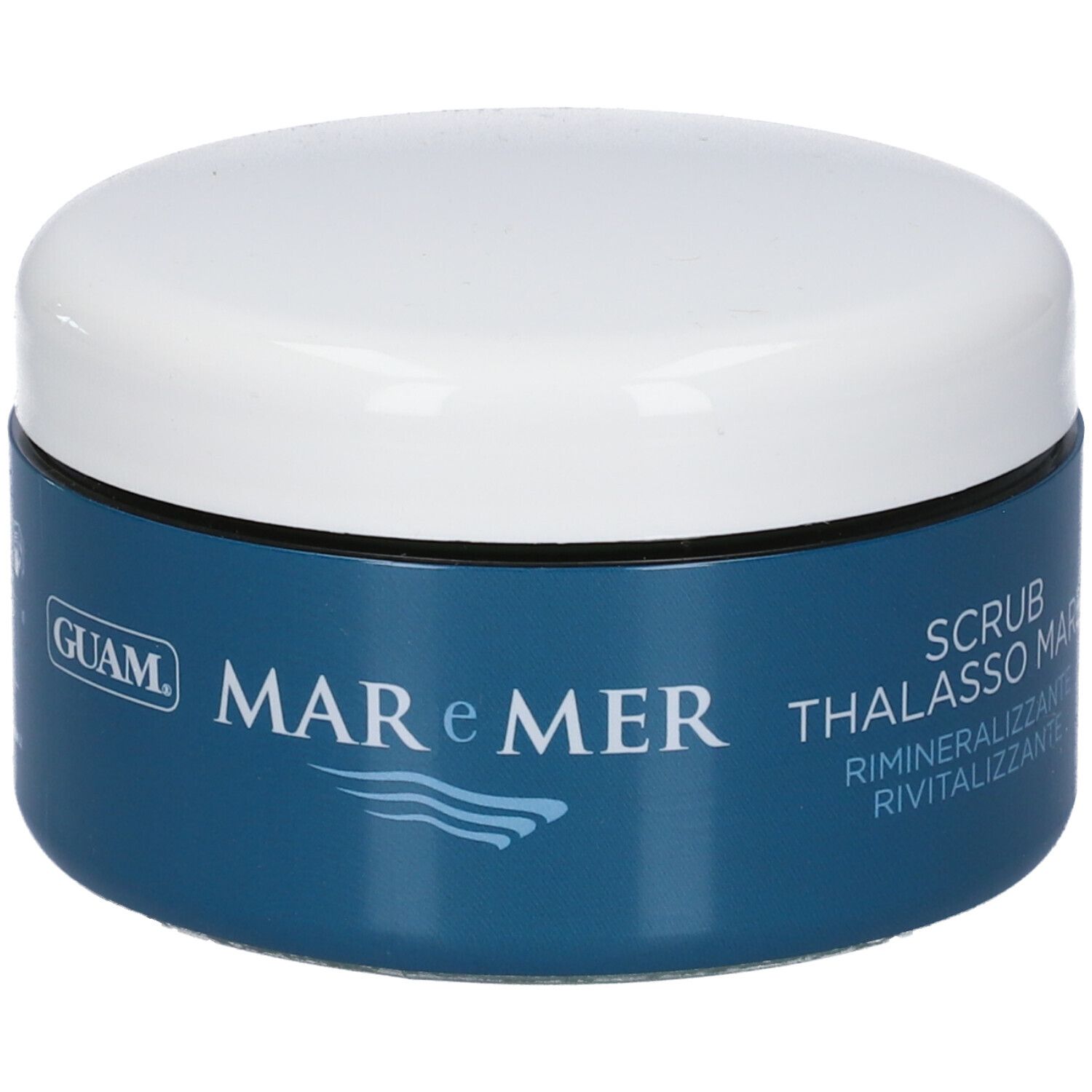 Vasetto blu e bianco con coperchio. Scritta: GUAM MAR e MER. Logo onde. Testo: SCRUB THALASSO MARE.