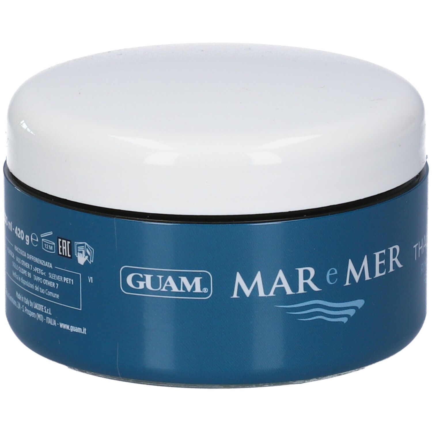 Vasetto blu e bianco con coperchio. Scritta: GUAM MAR e MER. Logo onde. Testo: 300 ml - 420 g.