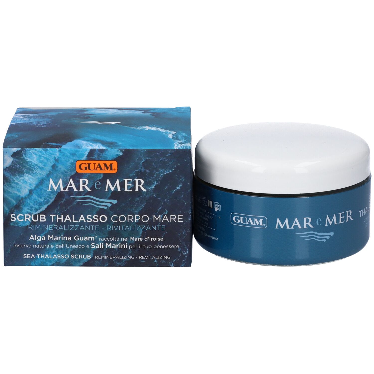 Confezione e vasetto. Confezione con motivo onde. Scritta: GUAM MAR e MER. Vasetto: GUAM MAR e MER.