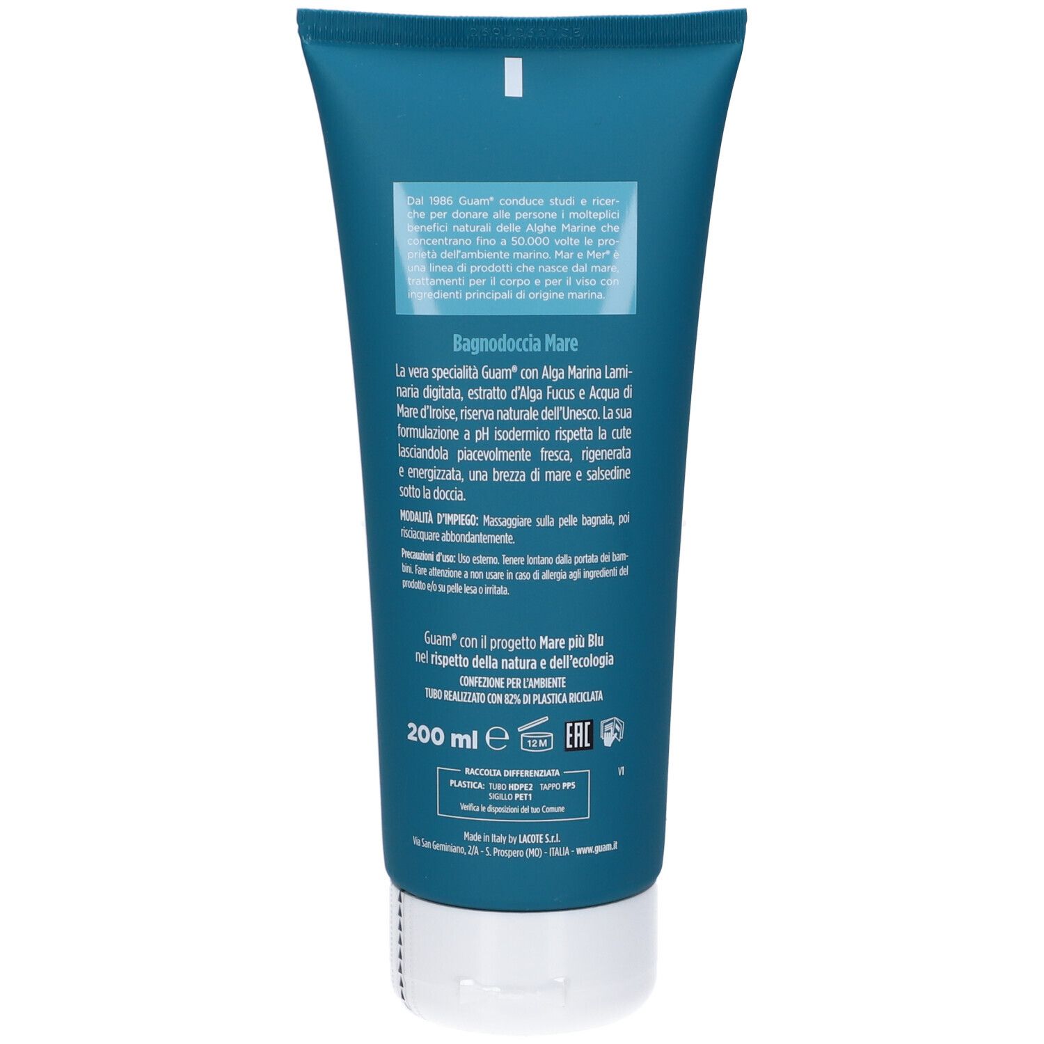 Retro del tubo. Testo in italiano. 200 ml, codice EAN, logo. Realizzato con il 62% di plastica riciclata.