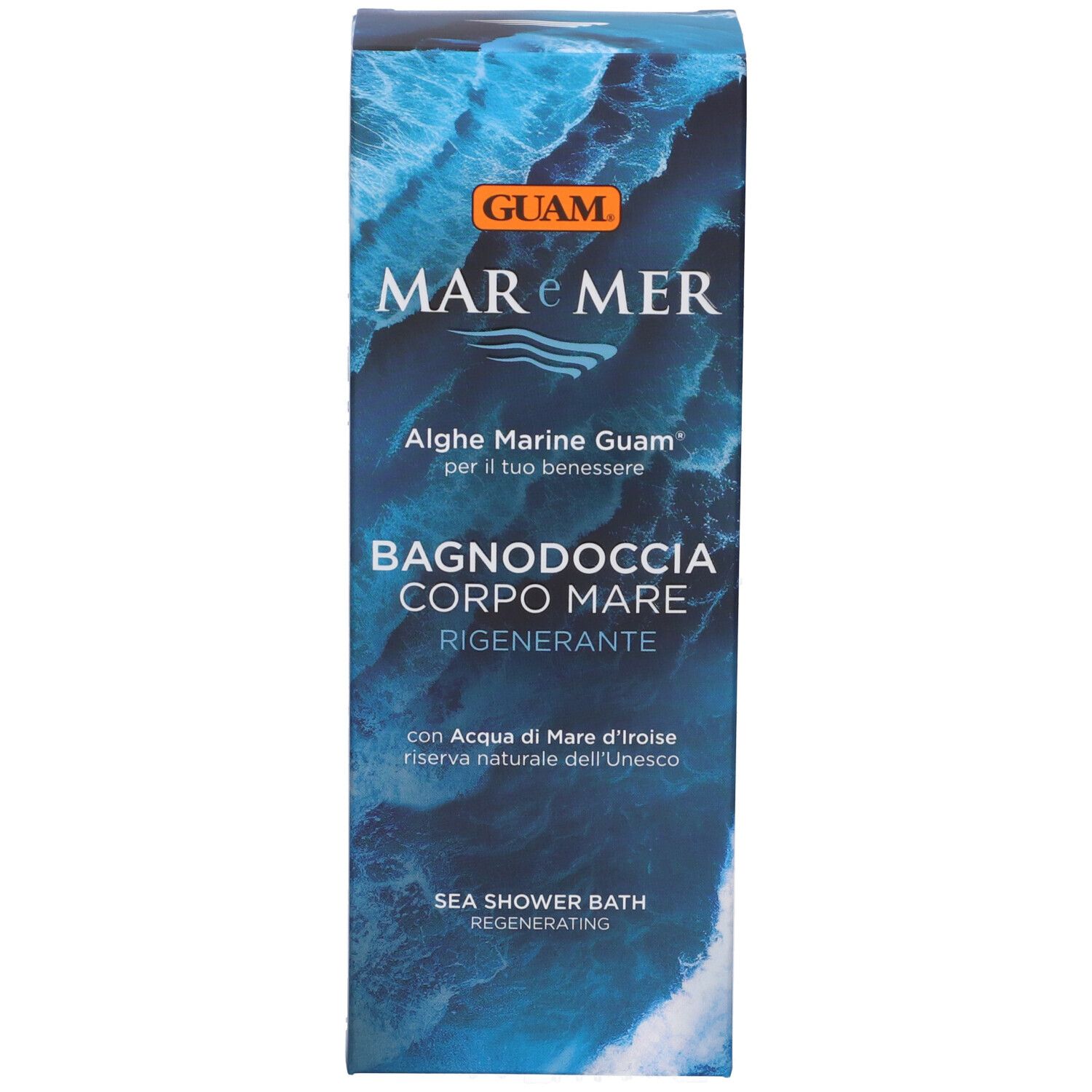 Scatola con motivo a onde blu. Scritta: GUAM, MAR e MER, Bagnodoccia Corpo Mare, Regenerante.
