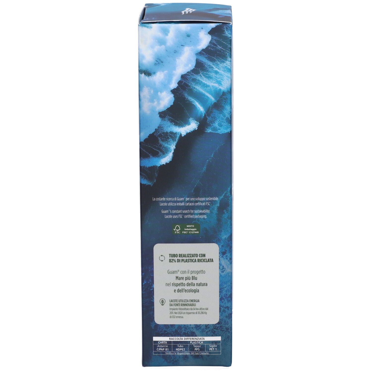 Retro della scatola. Testo in italiano. Logo, testo sul materiale riciclato. Codice EAN.