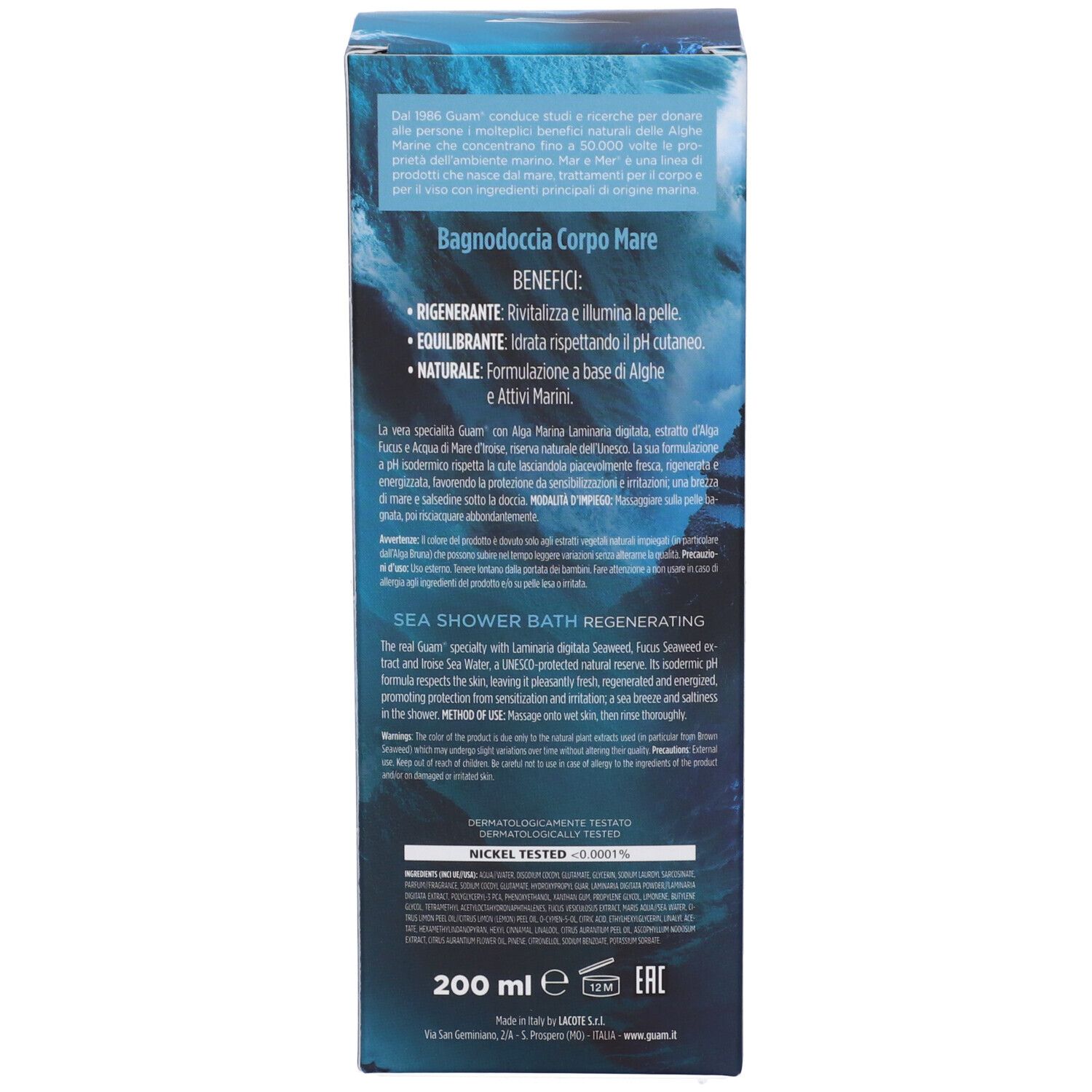 Retro della scatola. Testo in italiano e inglese. 200 ml. Testato al nichel.