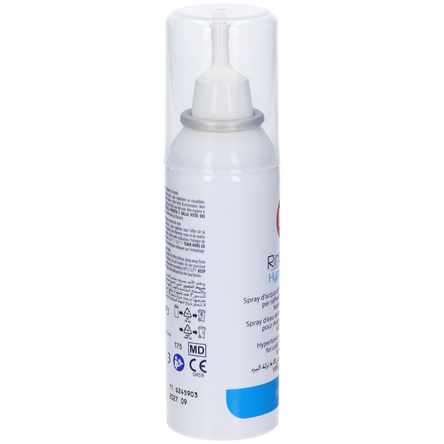 Flacone spray nasale, confezione bianca con testo. Retro con informazioni e simboli. Tappo protettivo trasparente.