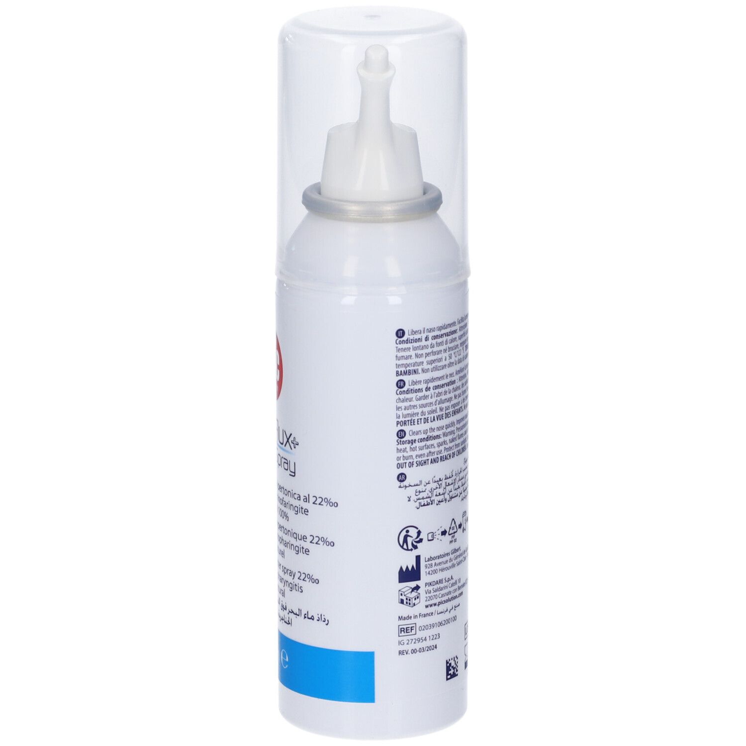 Flacone spray nasale, confezione bianca con testo. Retro con informazioni e simboli. Tappo protettivo trasparente.