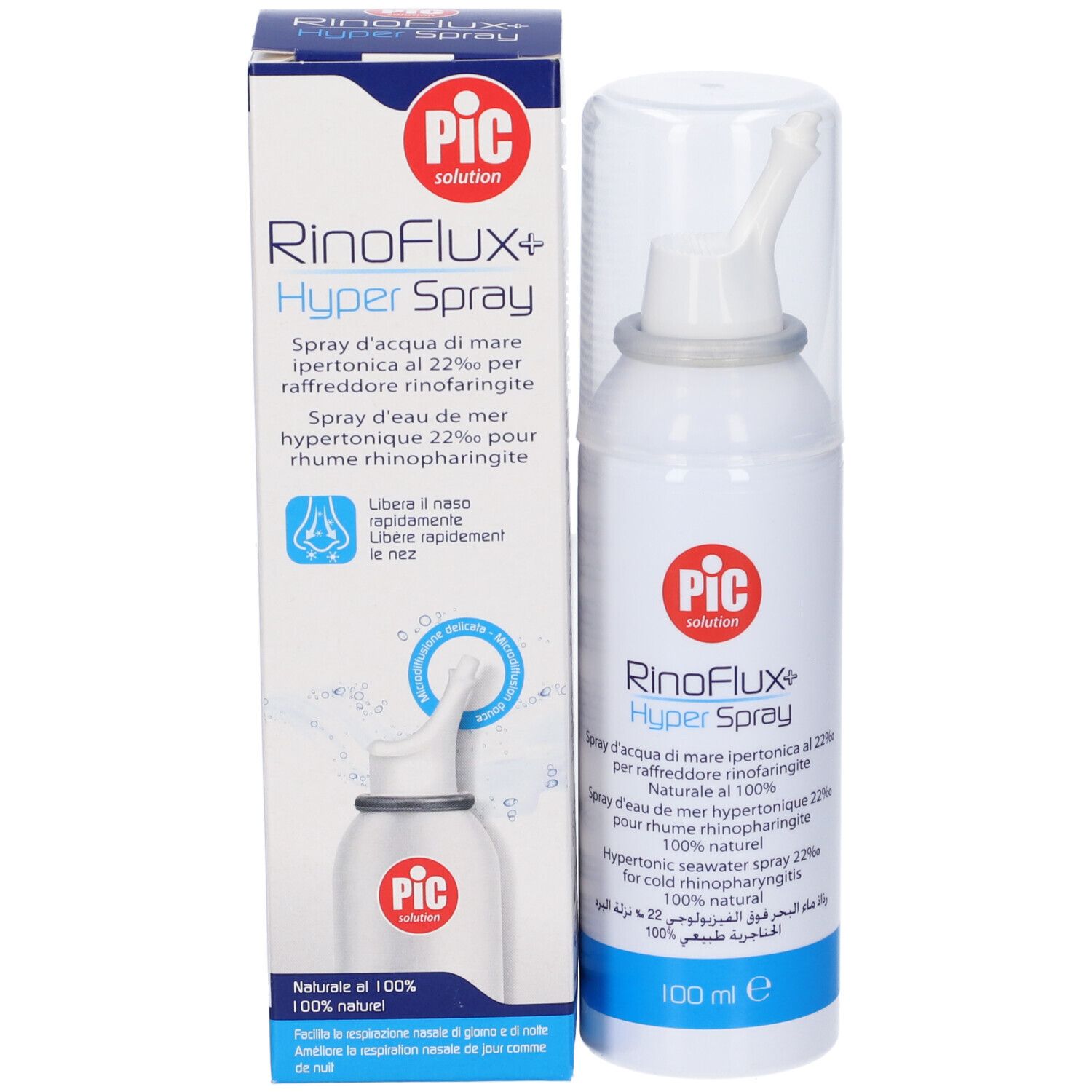 Flacone spray nasale e confezione. Flacone bianco con erogatore e cappuccio. Confezione blu e bianca.